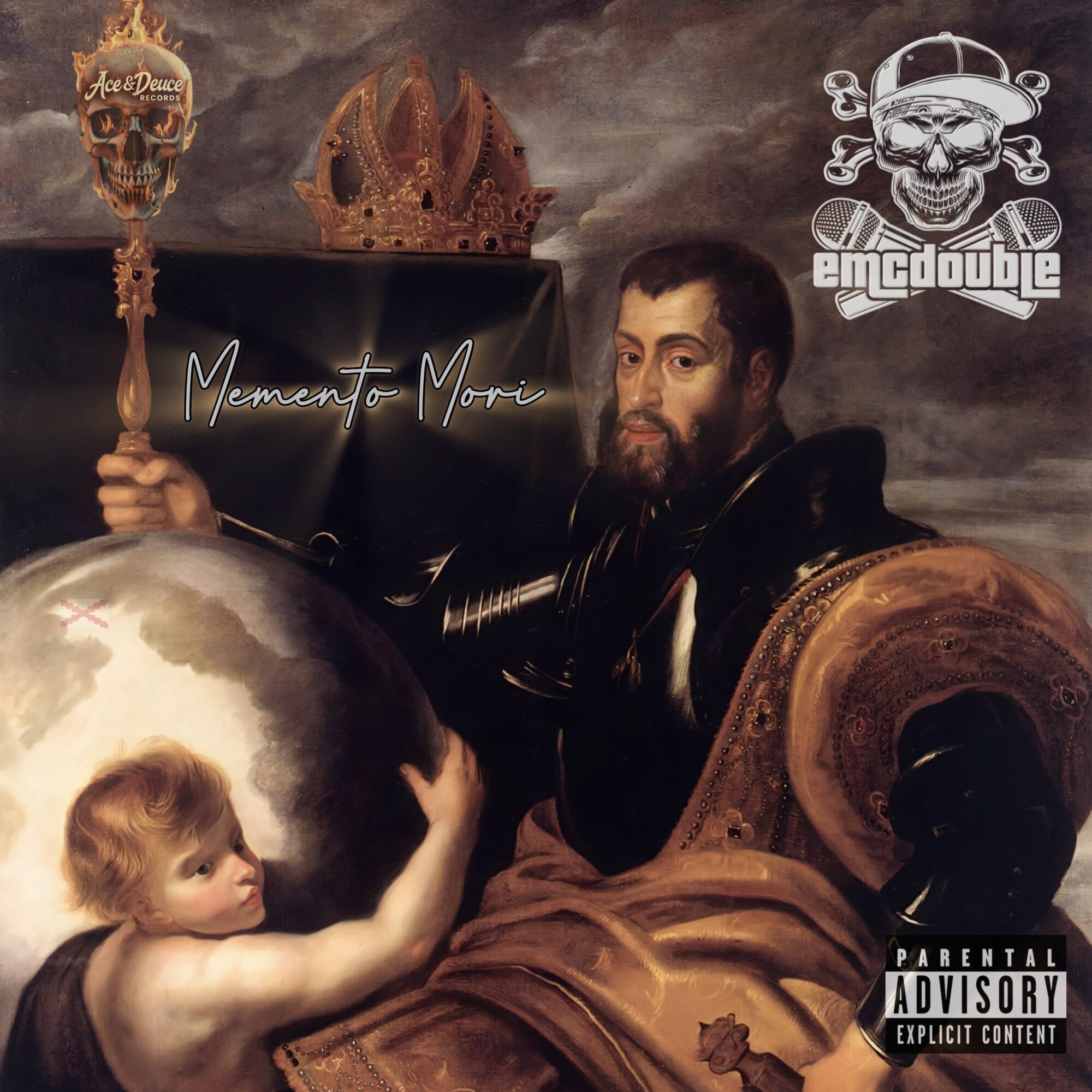 A man with a beard in dark clothing sits with a child reaching toward a globe, surrounded by crowns and skull imagery.