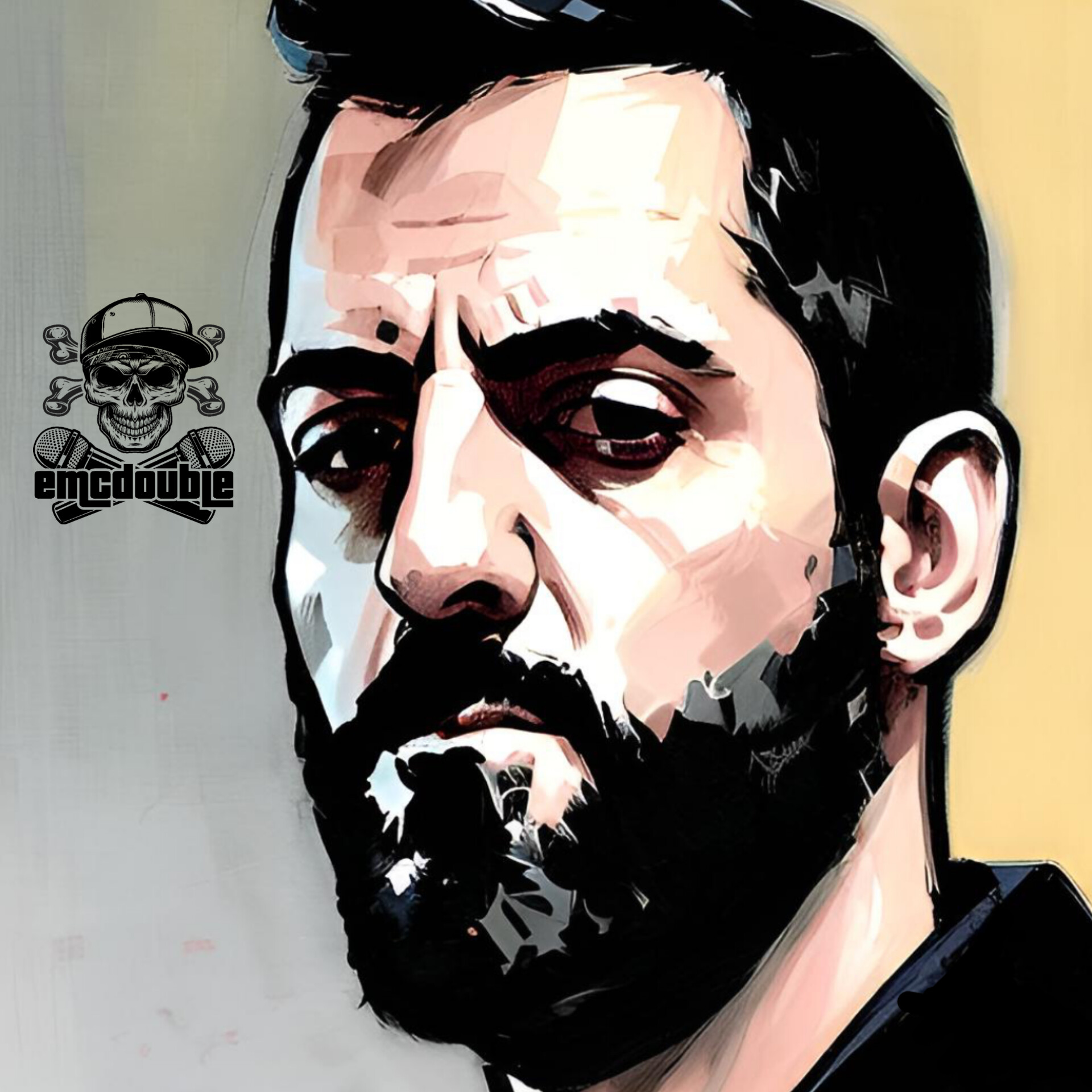 Stylized portrait of a man with dark hair and beard, looking serious, with a skull and logo in the background.