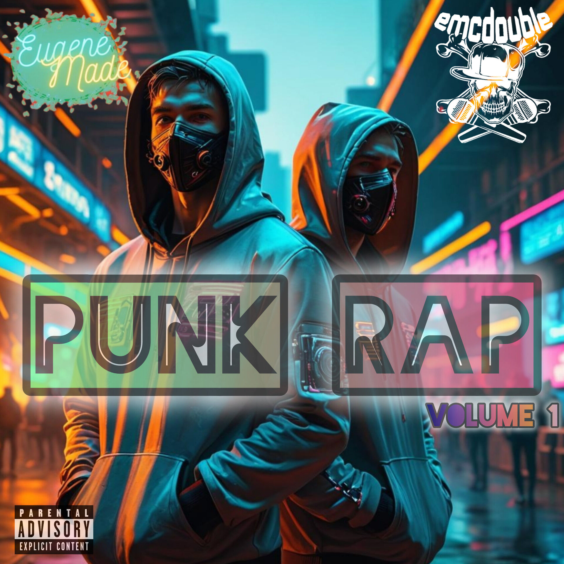 Two people in hoodies and masks stand in a neon-lit urban street at night.