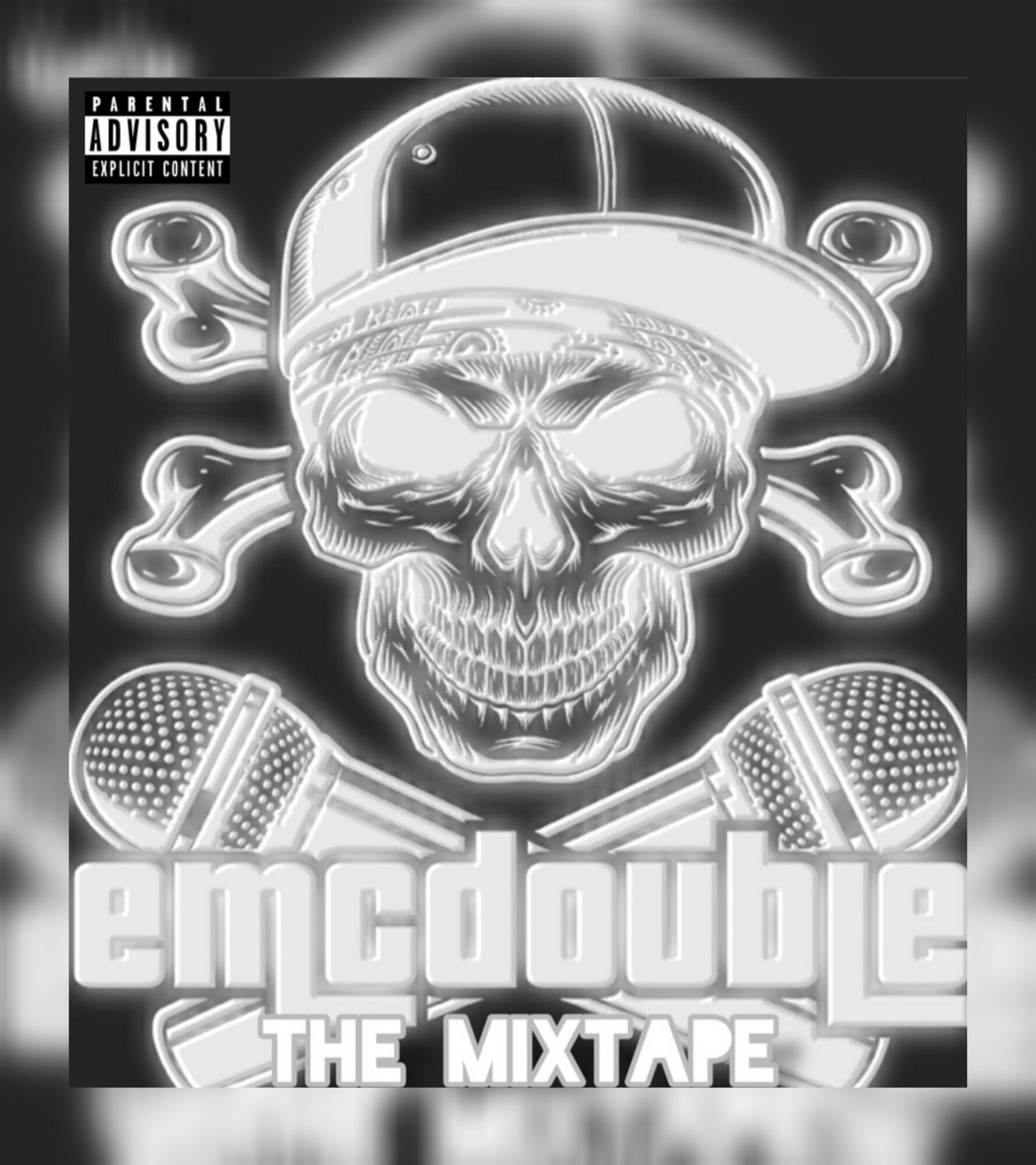 Skull wearing a cap with headphones, microphones below, and text 'emcdouble THE MIXTAPE'.