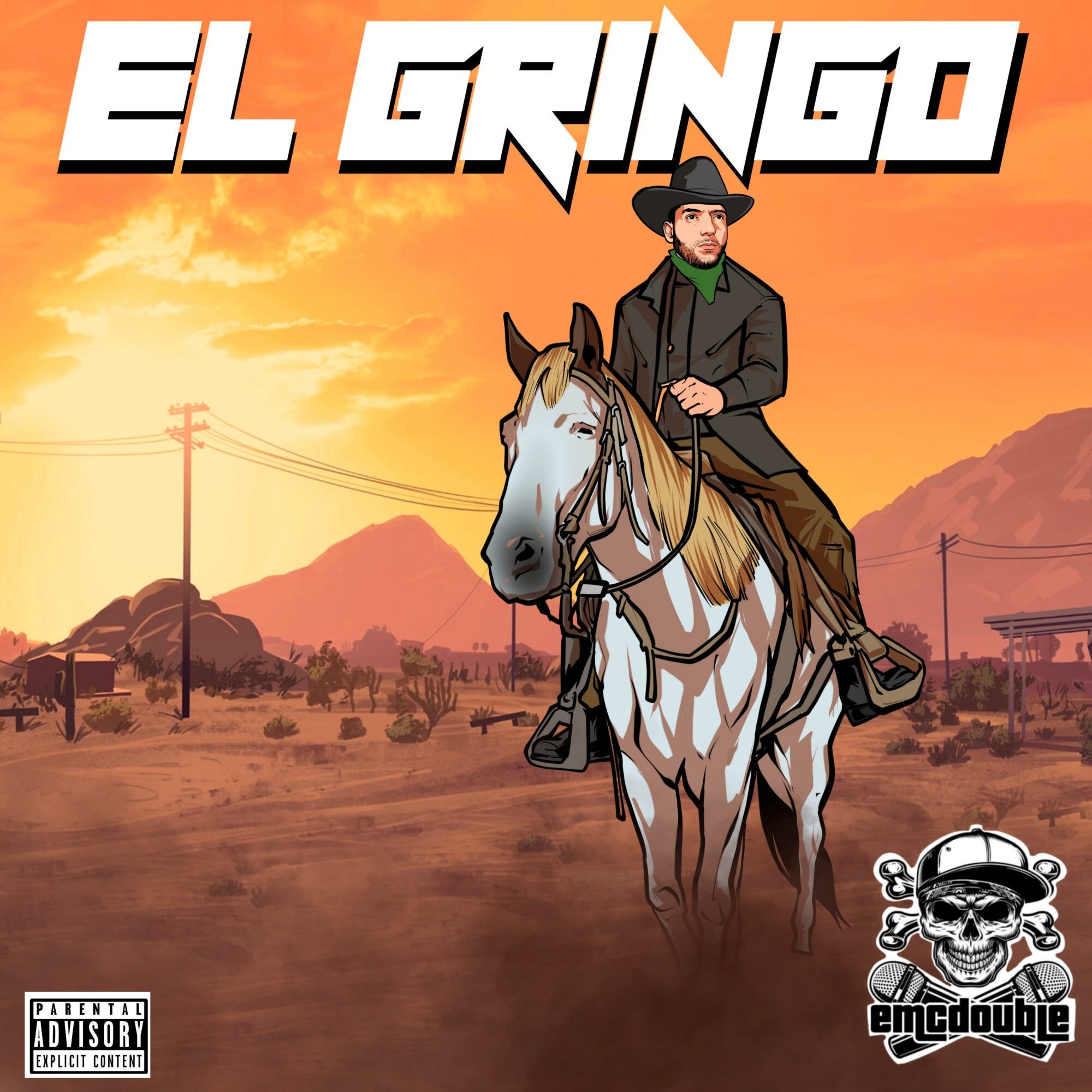 Man in cowboy attire riding a white horse in a desert landscape with mountains and power lines at sunset.