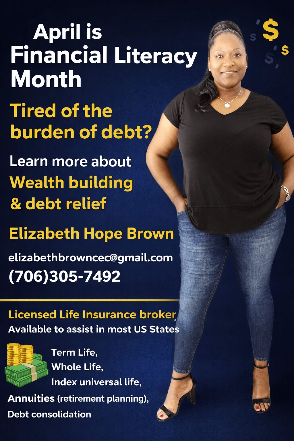 Woman standing with hands on hips, smiling, wearing black shirt and jeans, against a blue background with financial literacy message.