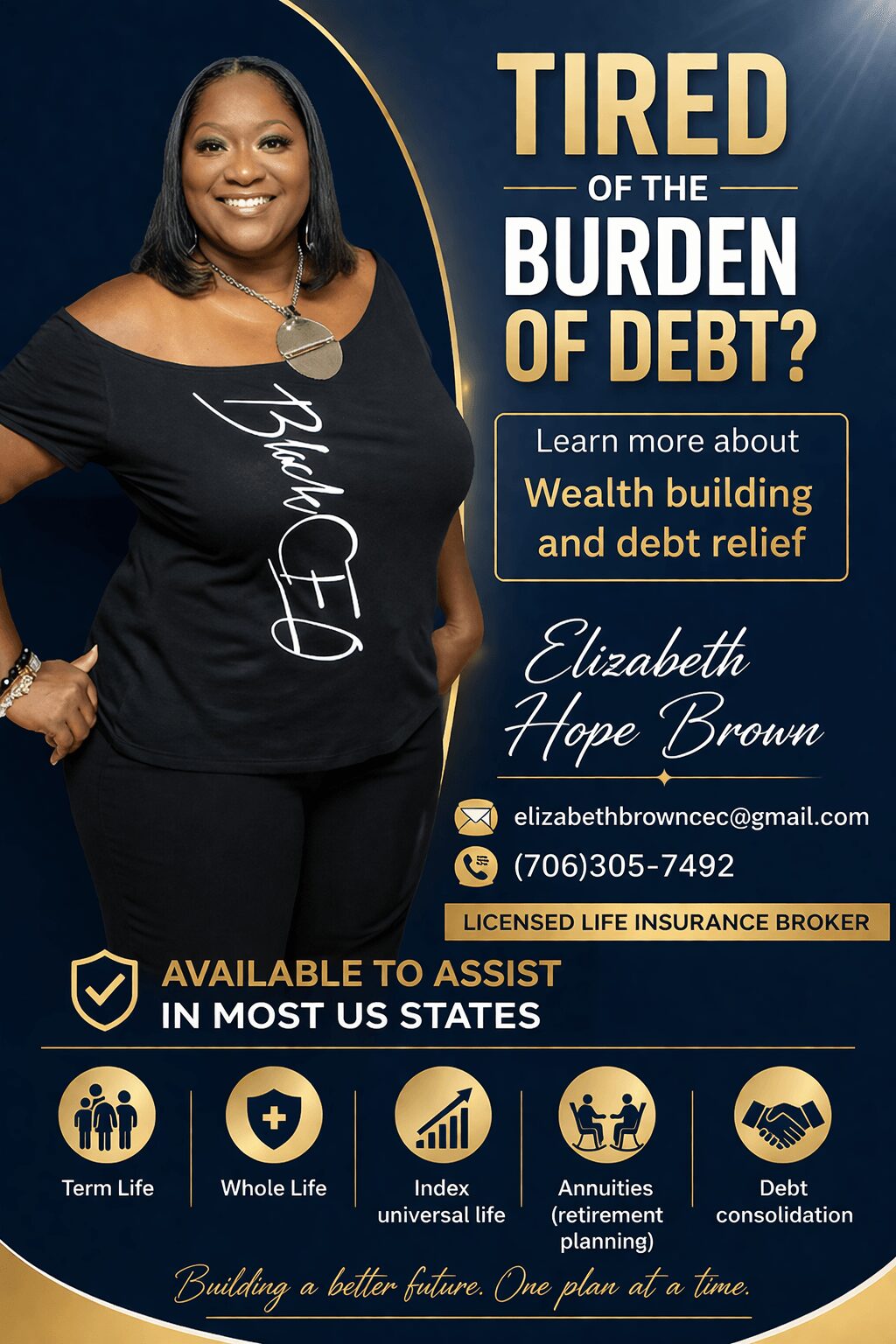 Woman smiling wearing a black off-shoulder top with white text, dark background, and financial advice text.