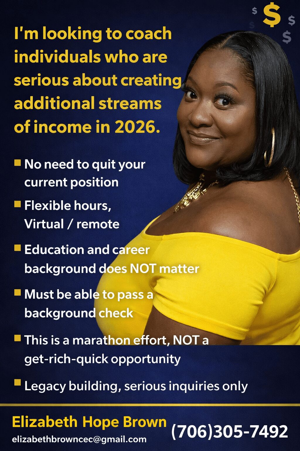 Woman with shoulder-length hair wearing a yellow off-shoulder top, smiling, with text about coaching and income streams.