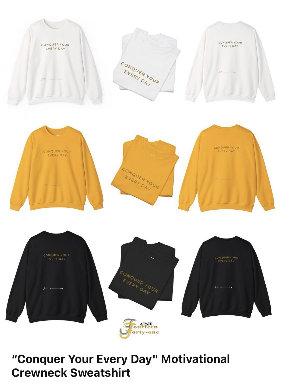 Three sweatshirts in white, yellow, and black with motivational text, folded and displayed on a white background.