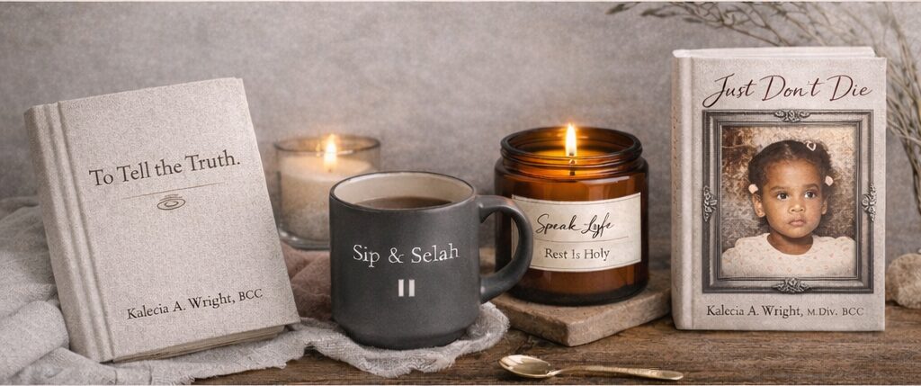 Memorial setup with candles, a mug, and framed photo of a young girl, with a book titled 'Just Don't Die'.
