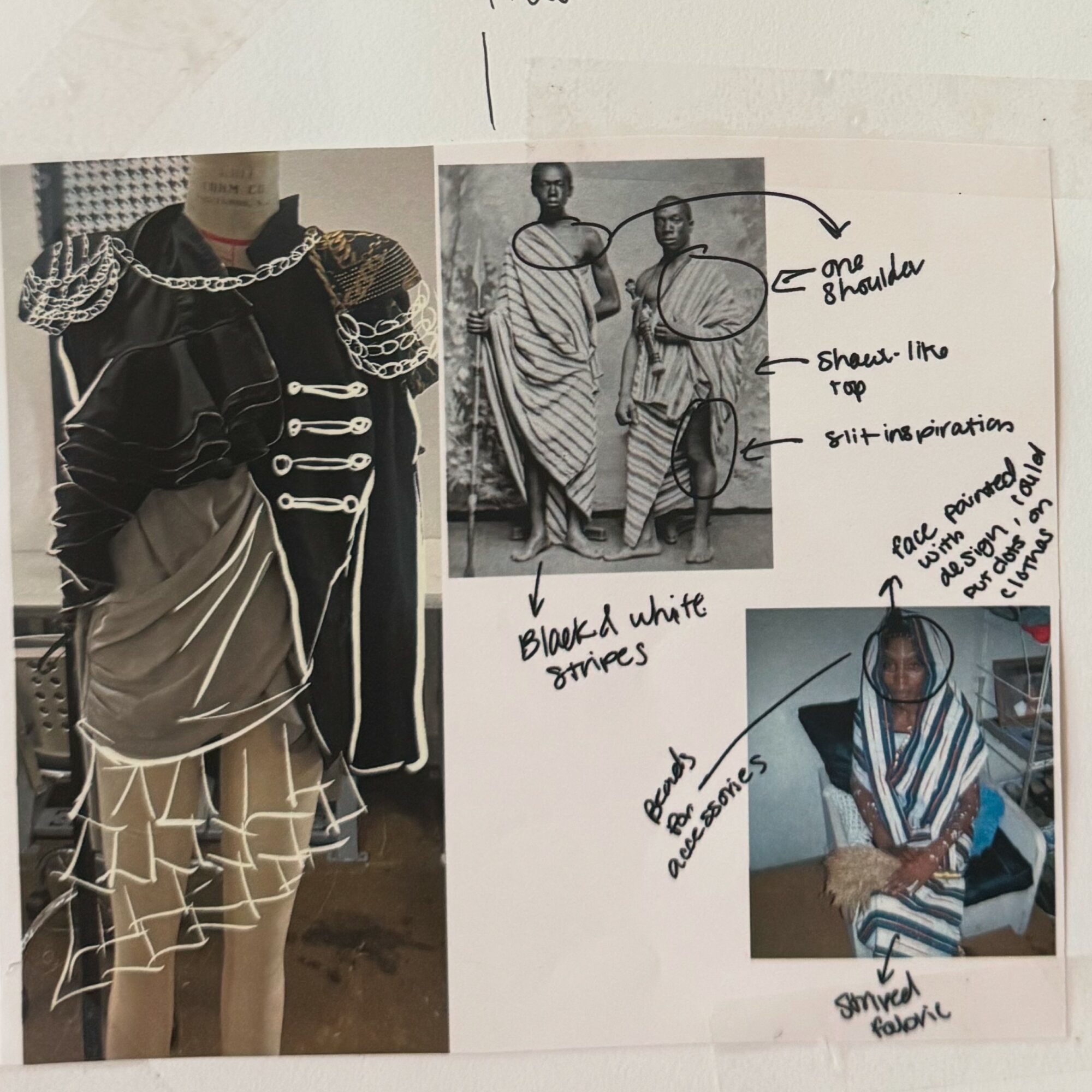 Collage of three images showing fashion designs with notes and sketches, including striped fabric and accessories.