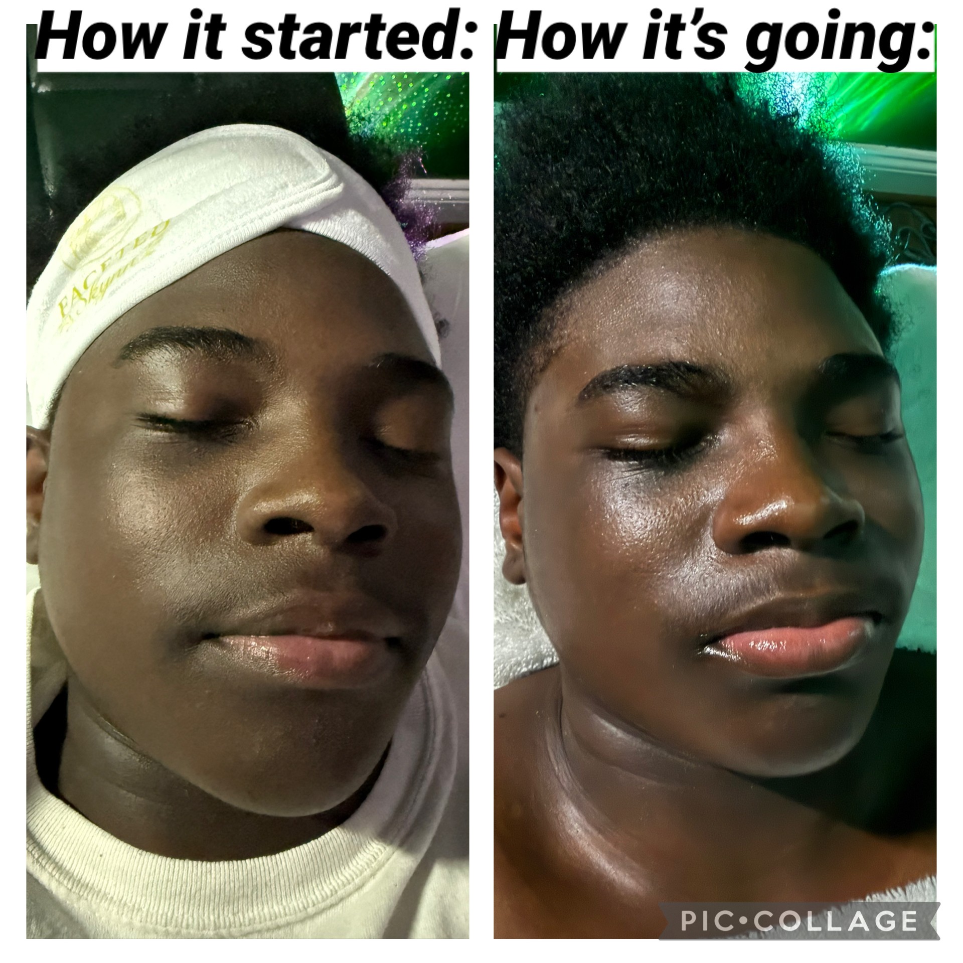 Comparison of a person's face, showing a change from a calm expression to a more sweaty and tired appearance.