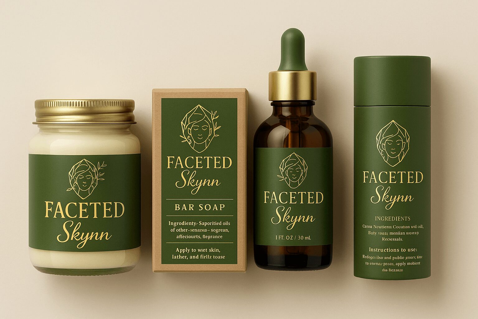Four skincare products with green and gold packaging, including a jar, soap box, dropper bottle, and cylindrical container.