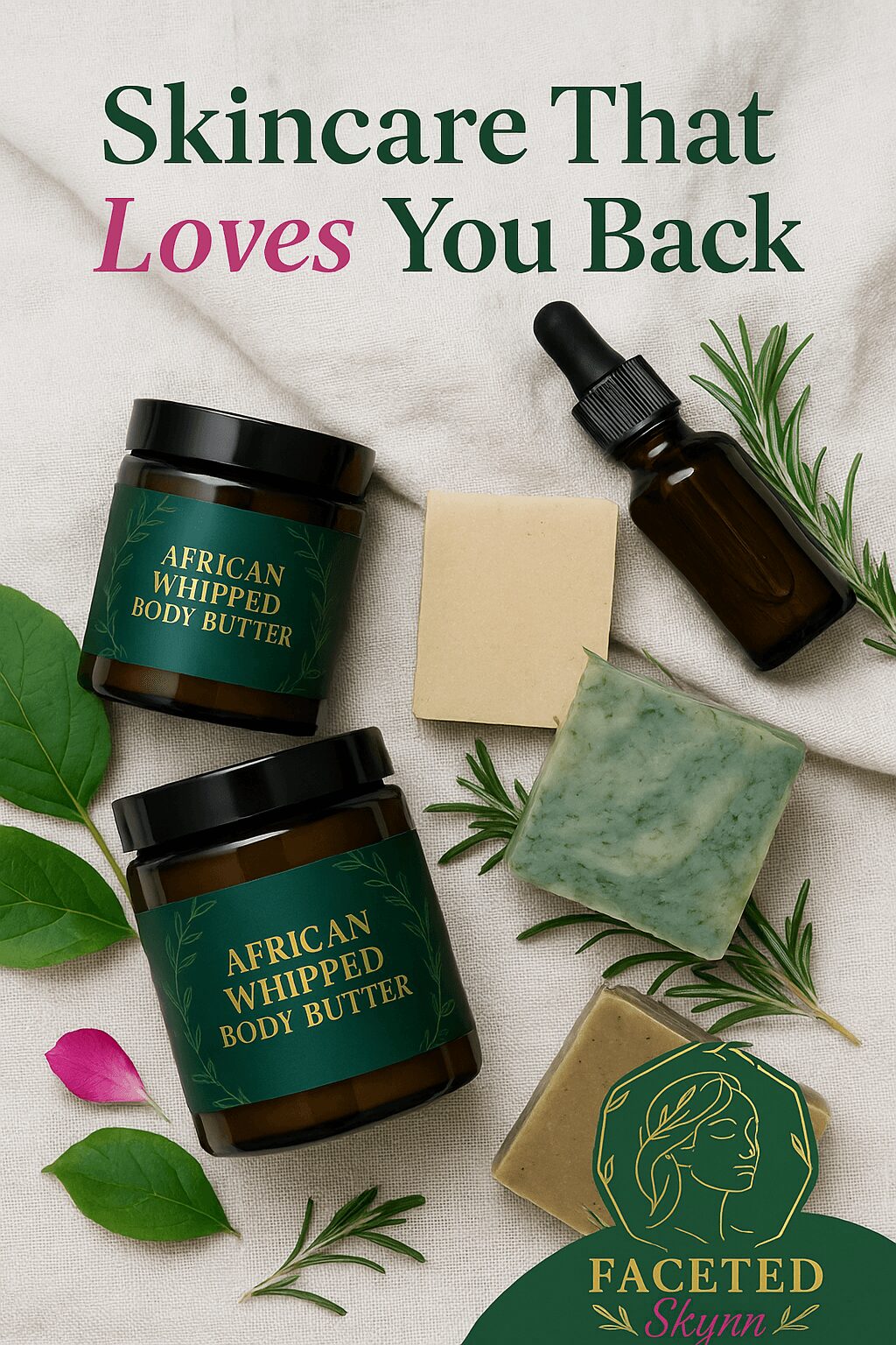 Skincare products, soap, and green leaves arranged on a white surface with text about skincare.