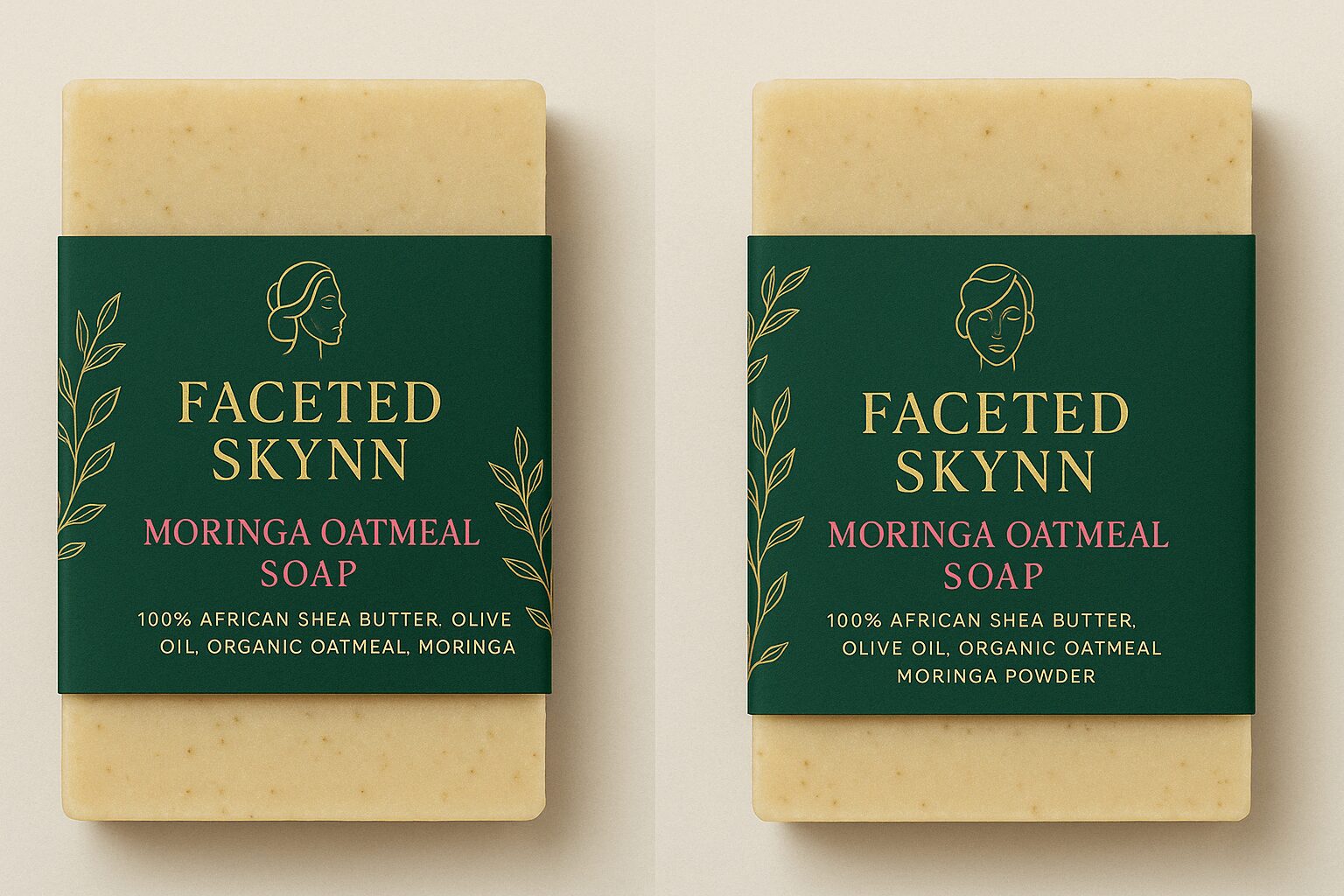 Two bars of soap with green labels, text about oatmeal soap, and a face outline logo.