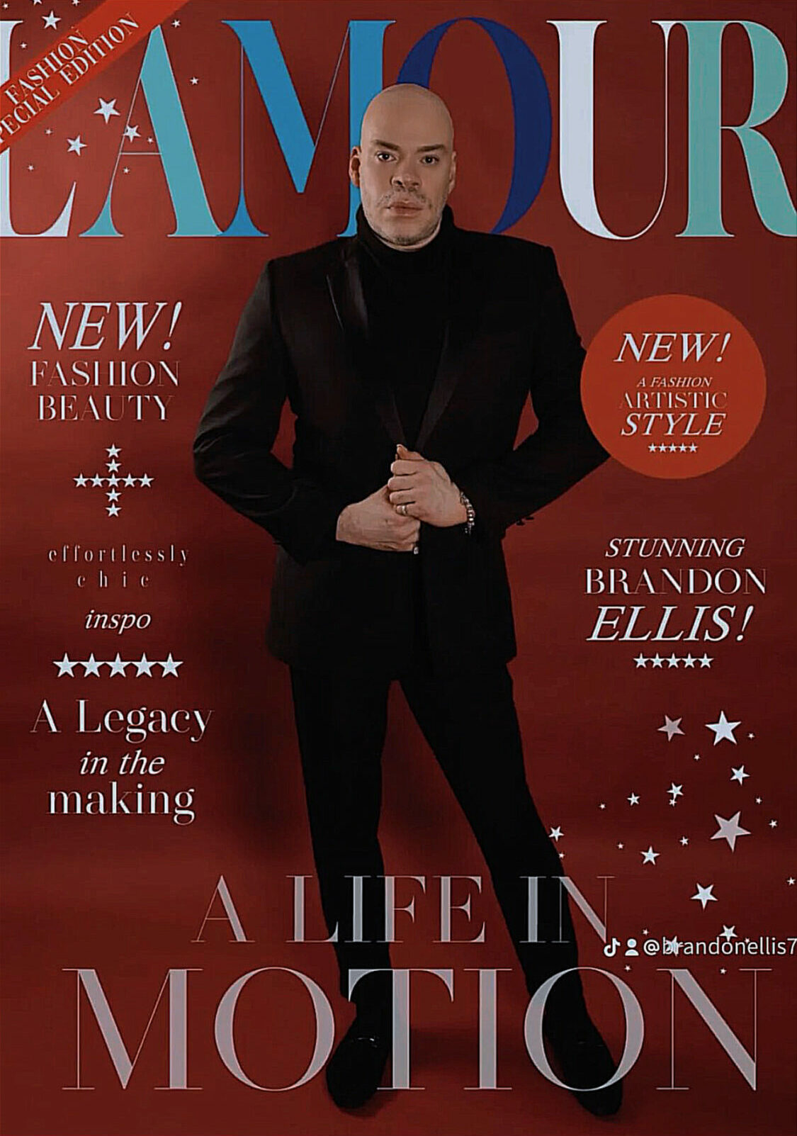 Bald person in black suit against red background with text and stars, holding hands together, looking at camera.