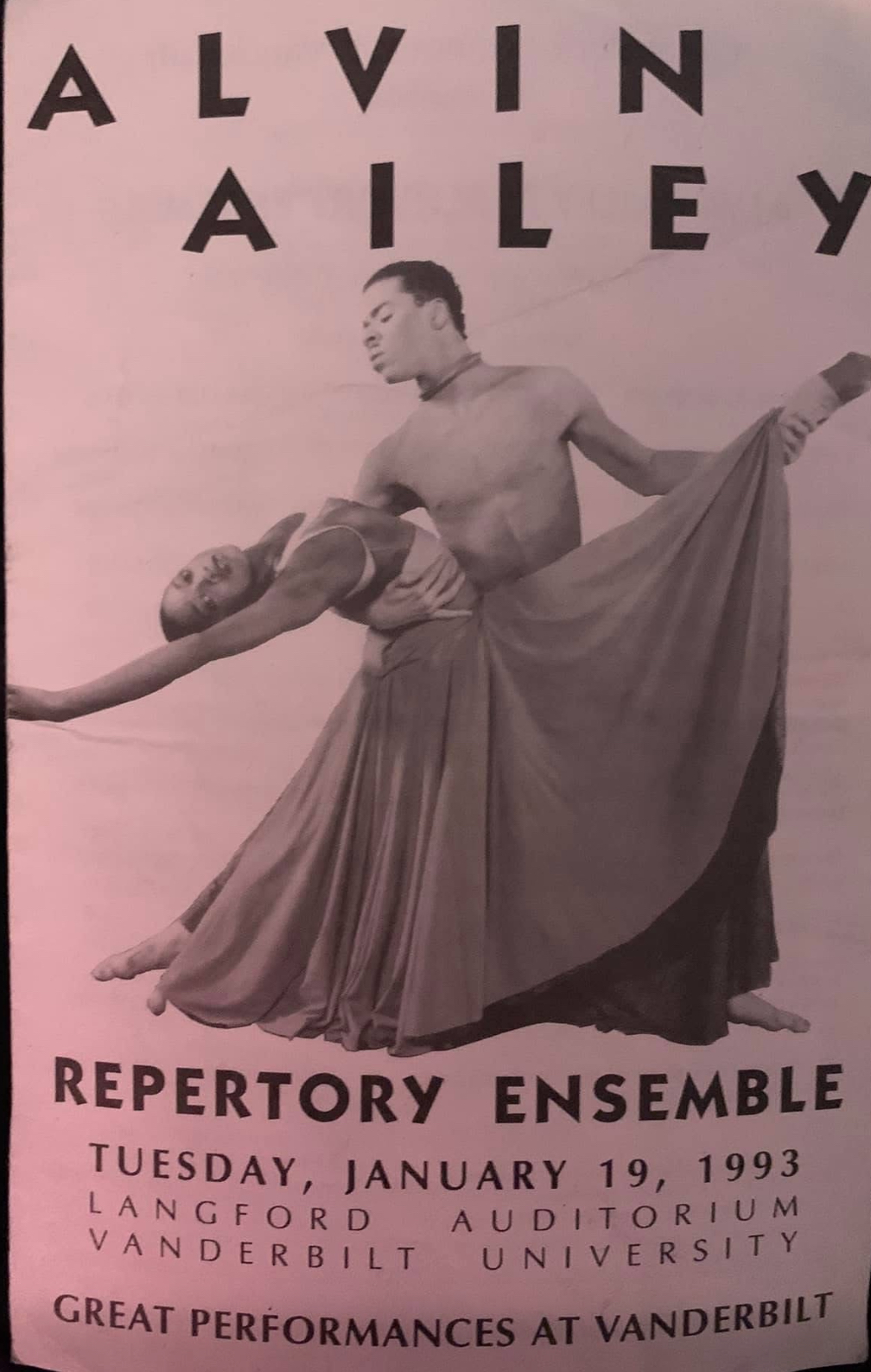 Black and white poster for Alvin Ailey Repertory Ensemble performance at Vanderbilt University, January 19, 1993.