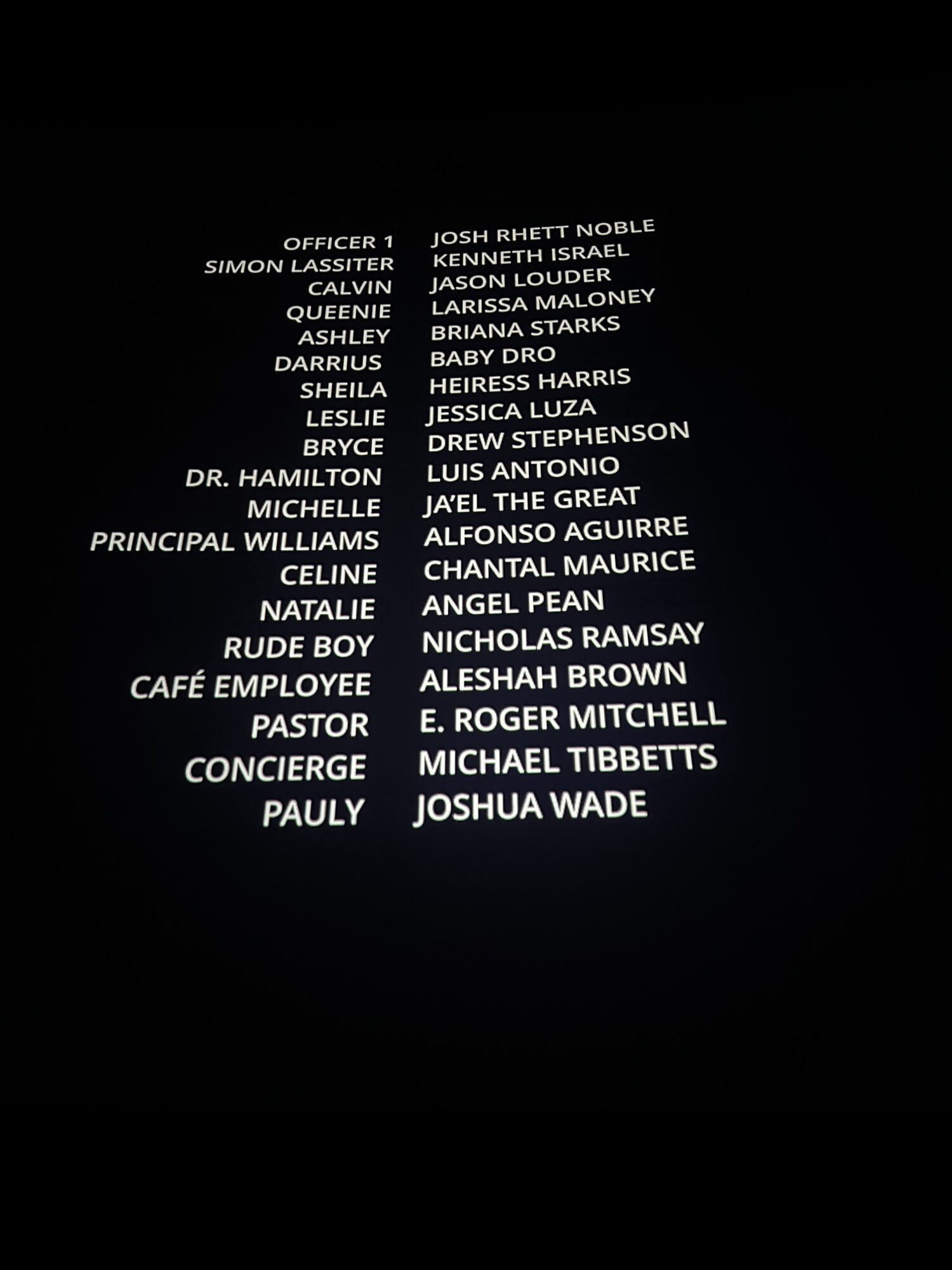 List of names and titles in white text on black background, oriented vertically.