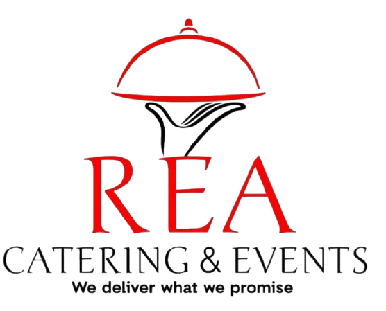 Logo with a red cloche serving tray above the word 'REA' and text below for catering and events.