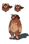 Pixel art bear character with two head portraits above, standing on a black background.