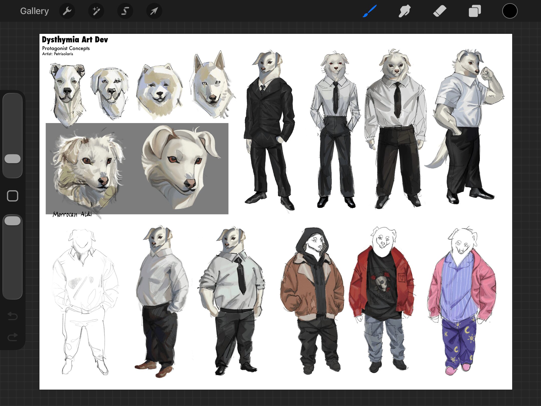 Collection of anthropomorphic dog characters and humans in various outfits and poses, some sketches and colored illustrations.