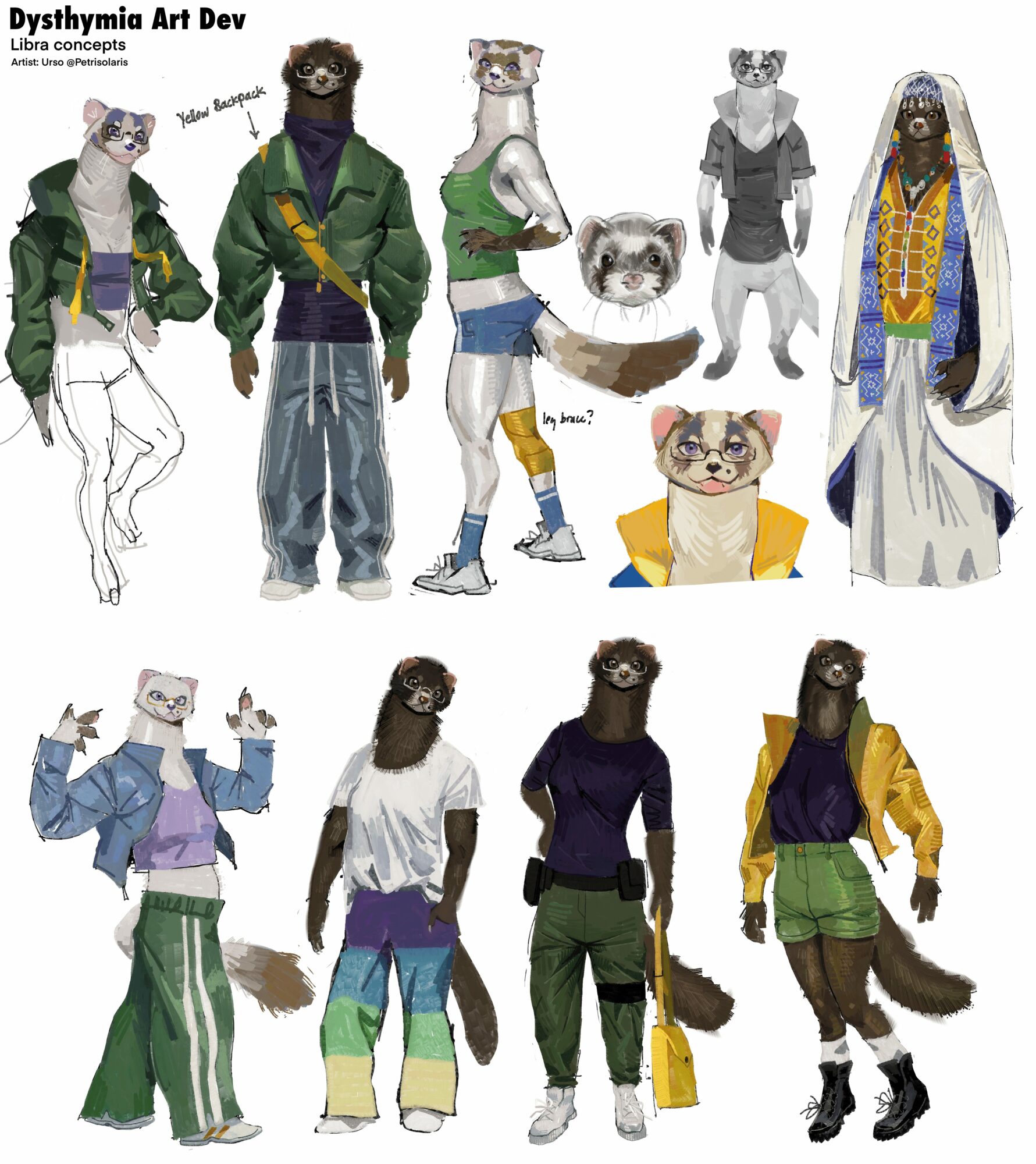 Collection of anthropomorphic animal characters with varied clothing and accessories, some standing, some sitting, in different poses.