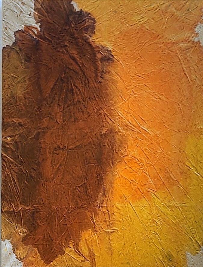 Abstract painting with brown and orange textured brushstrokes, no discernible objects or figures.