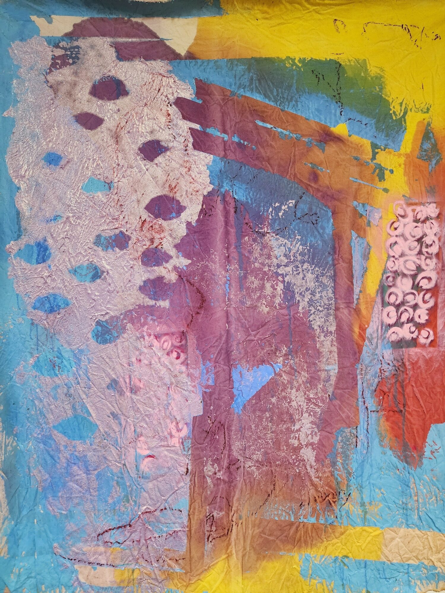 Abstract painting with purple, pink, blue, yellow, orange, and red colors, featuring textured and layered brushstrokes.