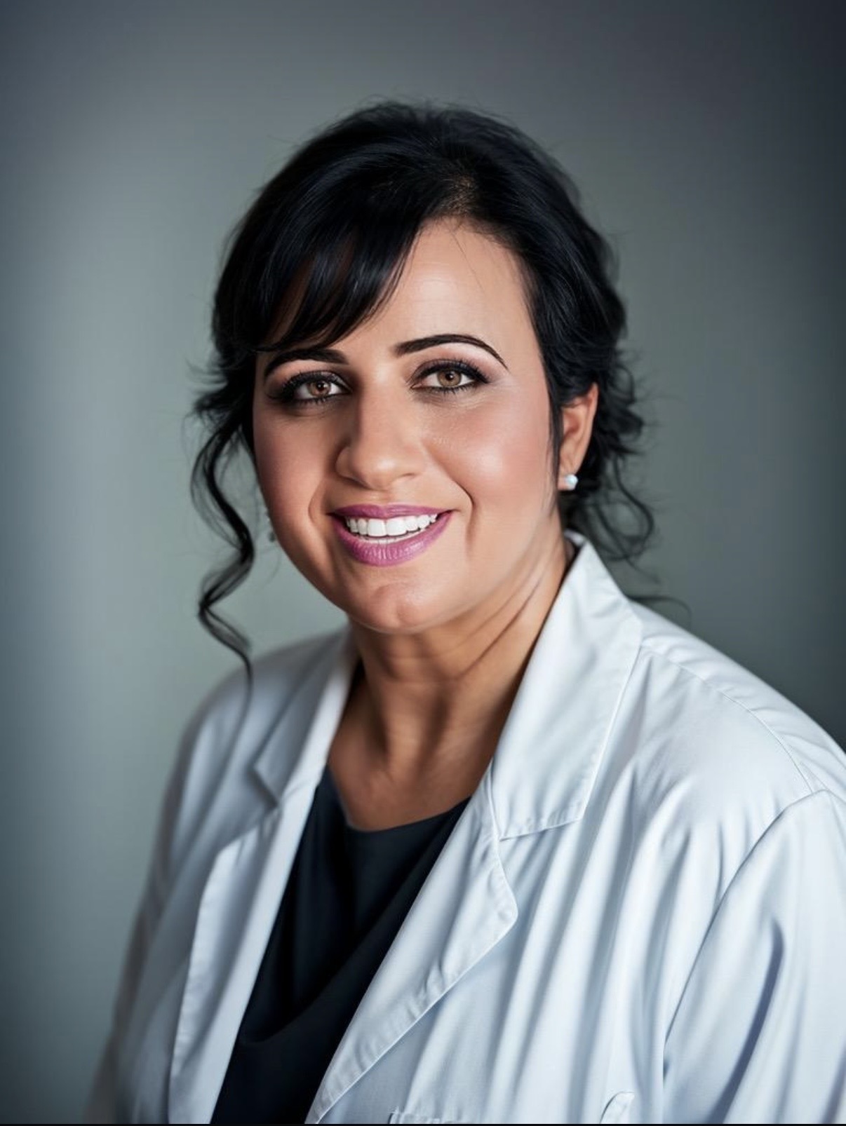 Woman with dark hair in a white coat smiling, facing forward, against a neutral background.