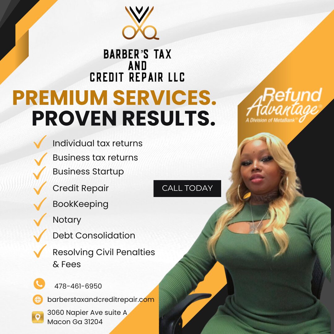 Advertisement for barber and credit repair services with a woman in a green dress, text about premium services, call to action, and contact info.