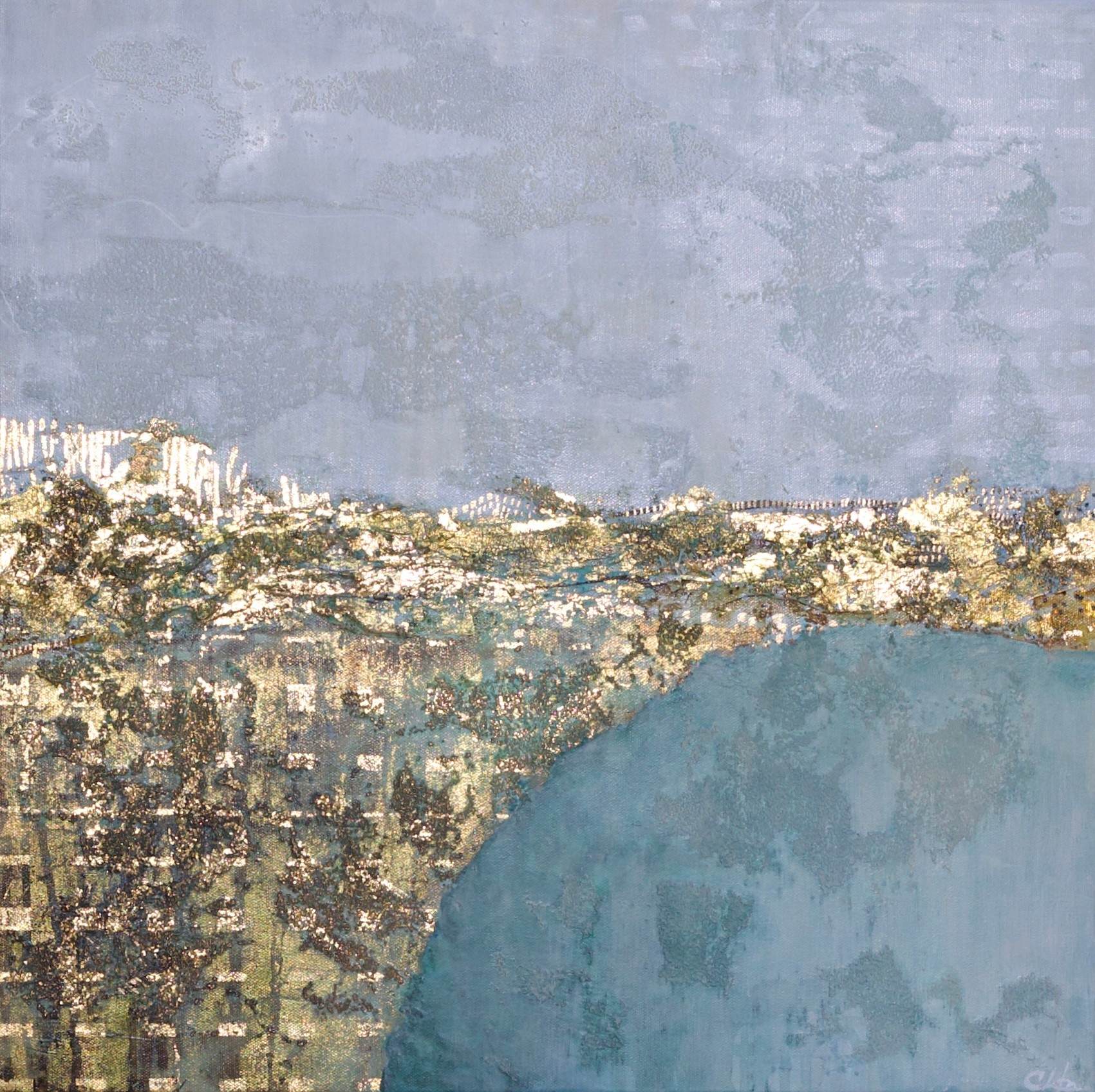 Abstract cityscape with buildings, sky, and a large blue shape in the foreground.