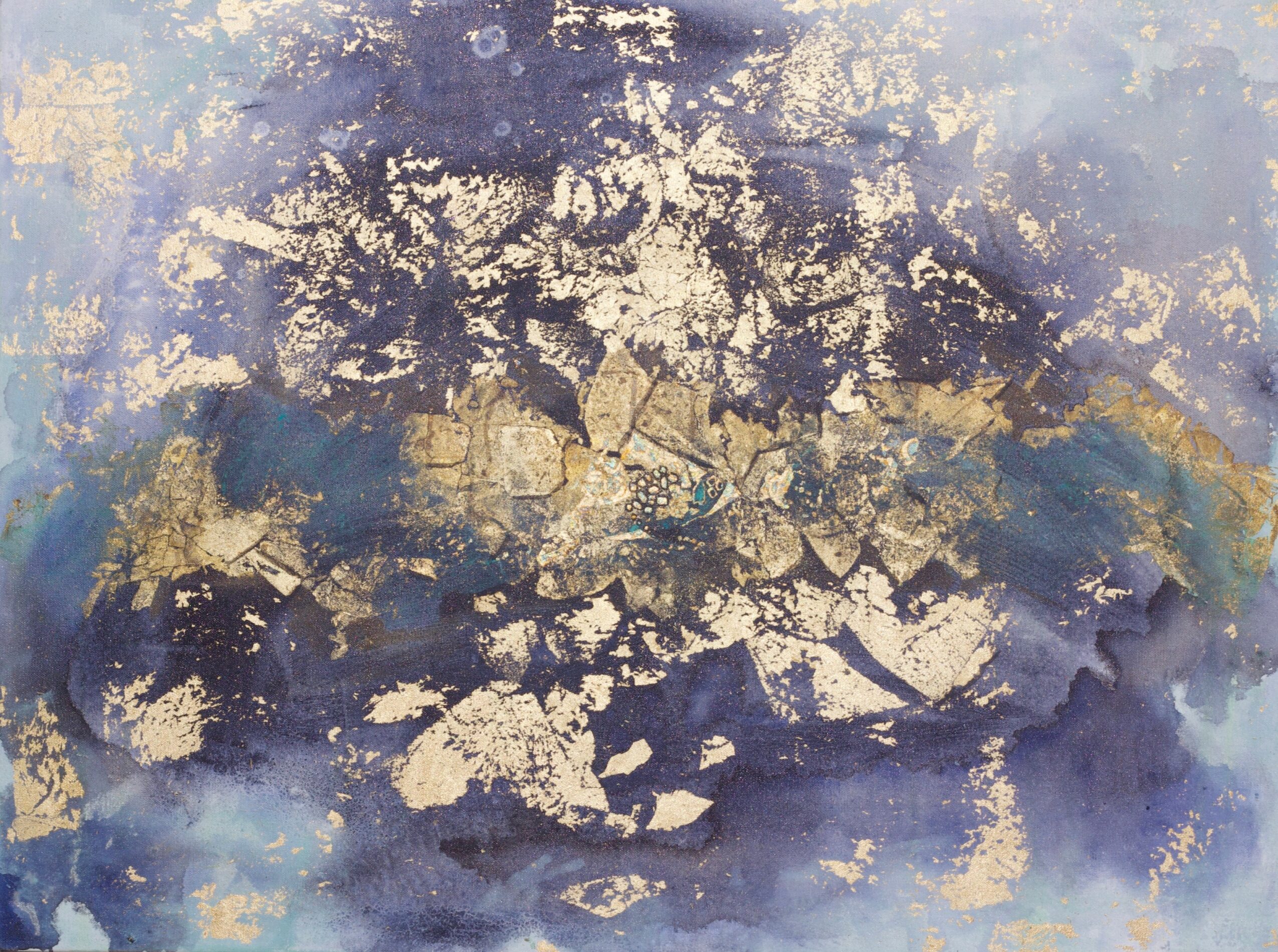 Abstract painting with gold and blue textured patches and irregular shapes.