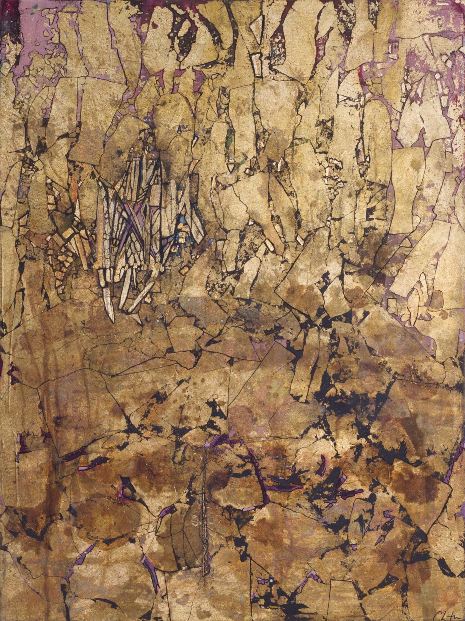 Abstract textured pattern with gold, brown, and black colors resembling cracked or fractured surface.