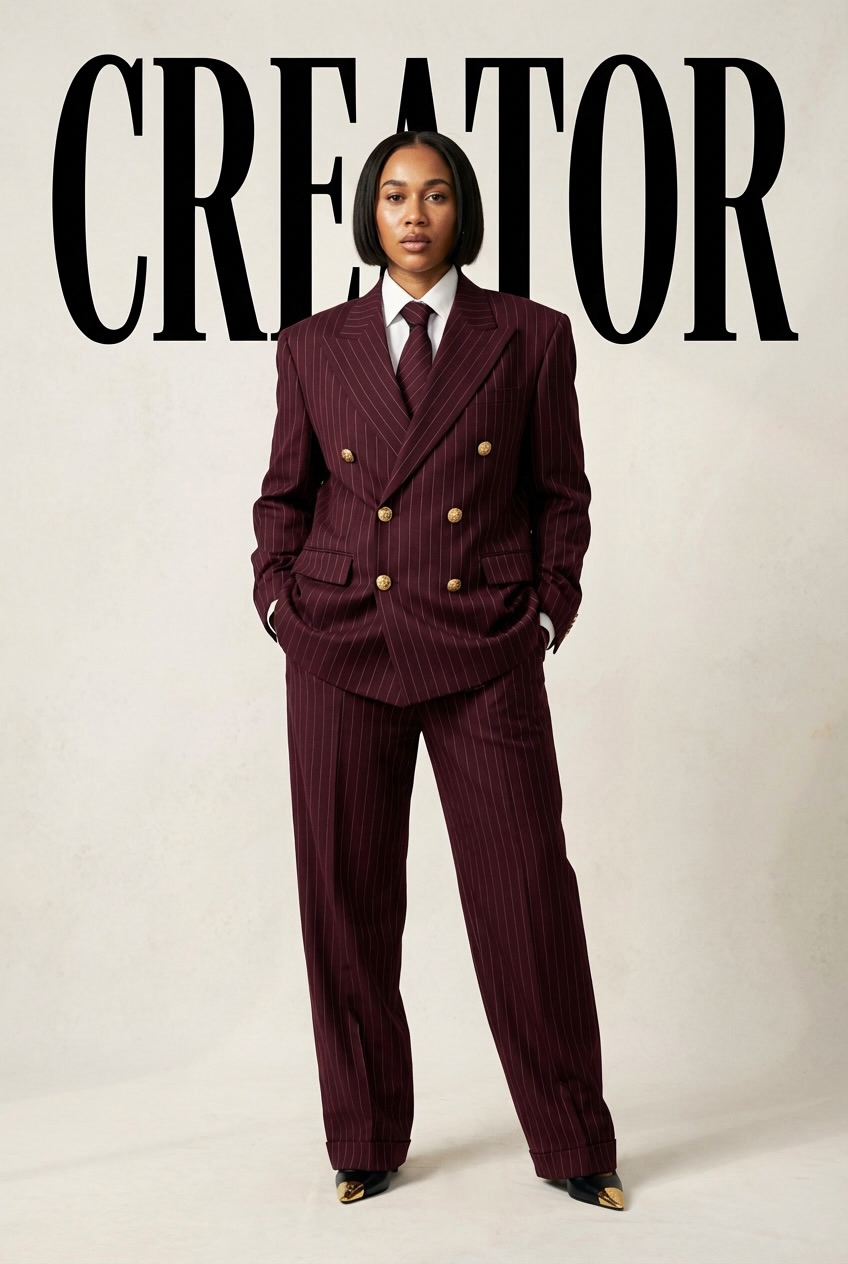 Woman in a maroon pinstripe suit standing in front of a white background with the word CREATOR above her.