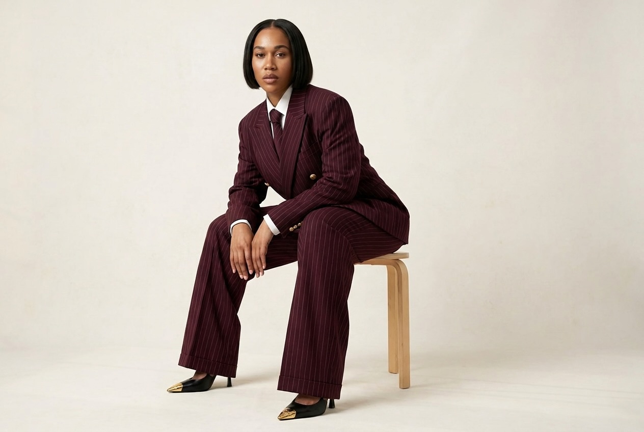 Woman in a burgundy pinstripe suit sitting on a wooden stool against a plain background.