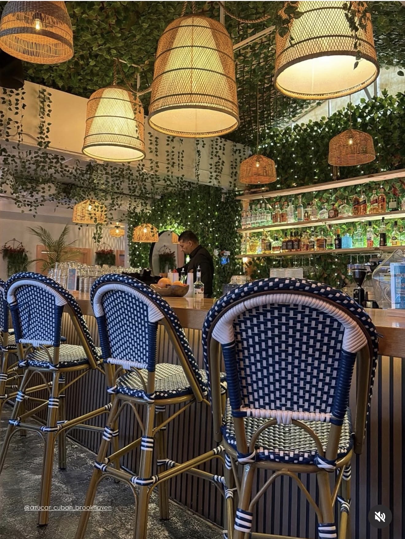 Bar with blue and white chairs, hanging lamps, and a well-lit shelf with bottles, greenery, and people in the background.