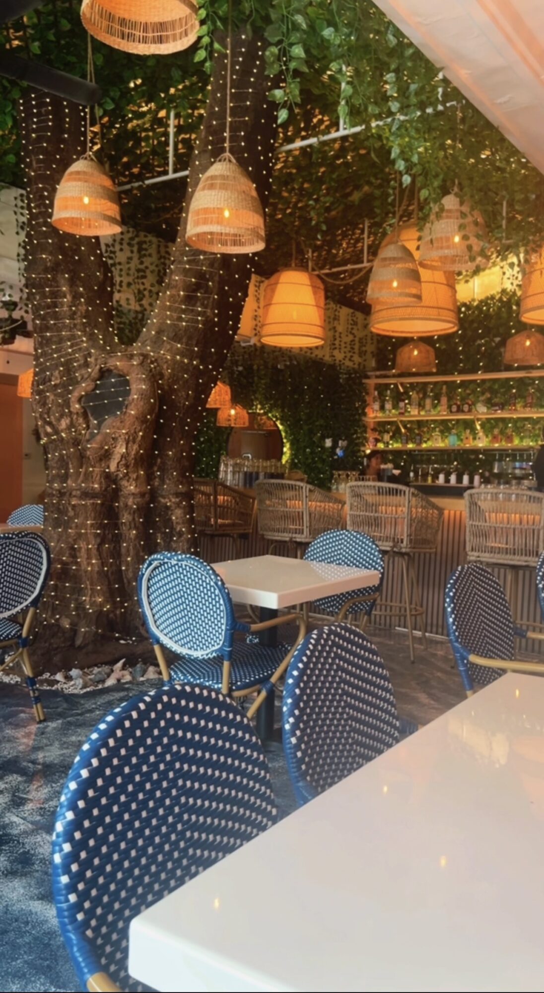 Indoor seating area with tables, chairs, hanging lamps, and a large tree with green leaves.