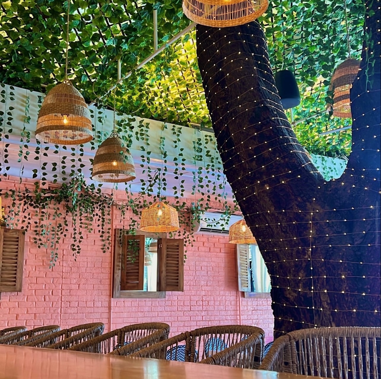 Indoor space with pink wall, wooden window shutters, hanging wicker lamps, and a large tree with string lights.