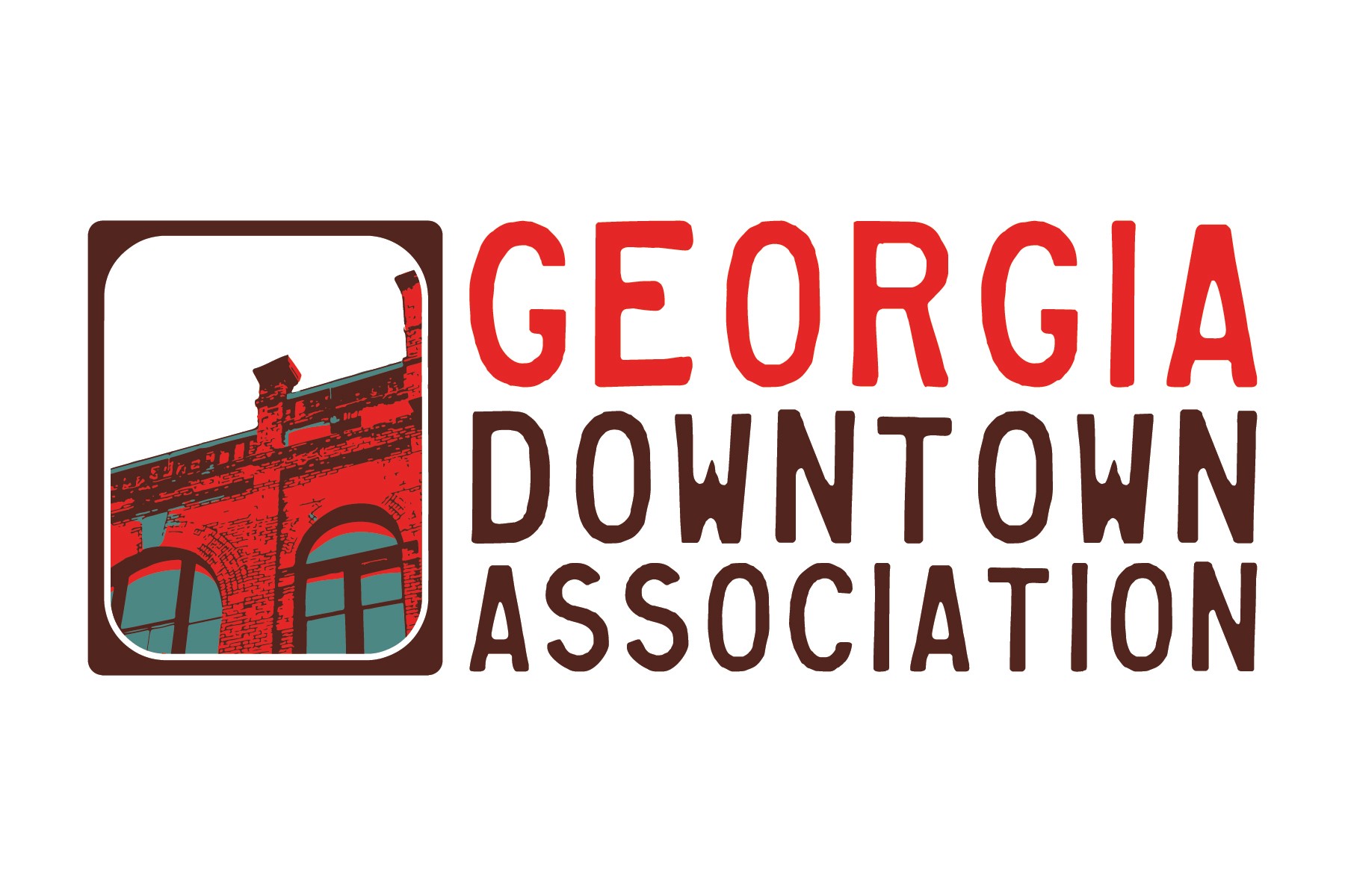 Logo with a red brick building and text reading Georgia Downtown Association.
