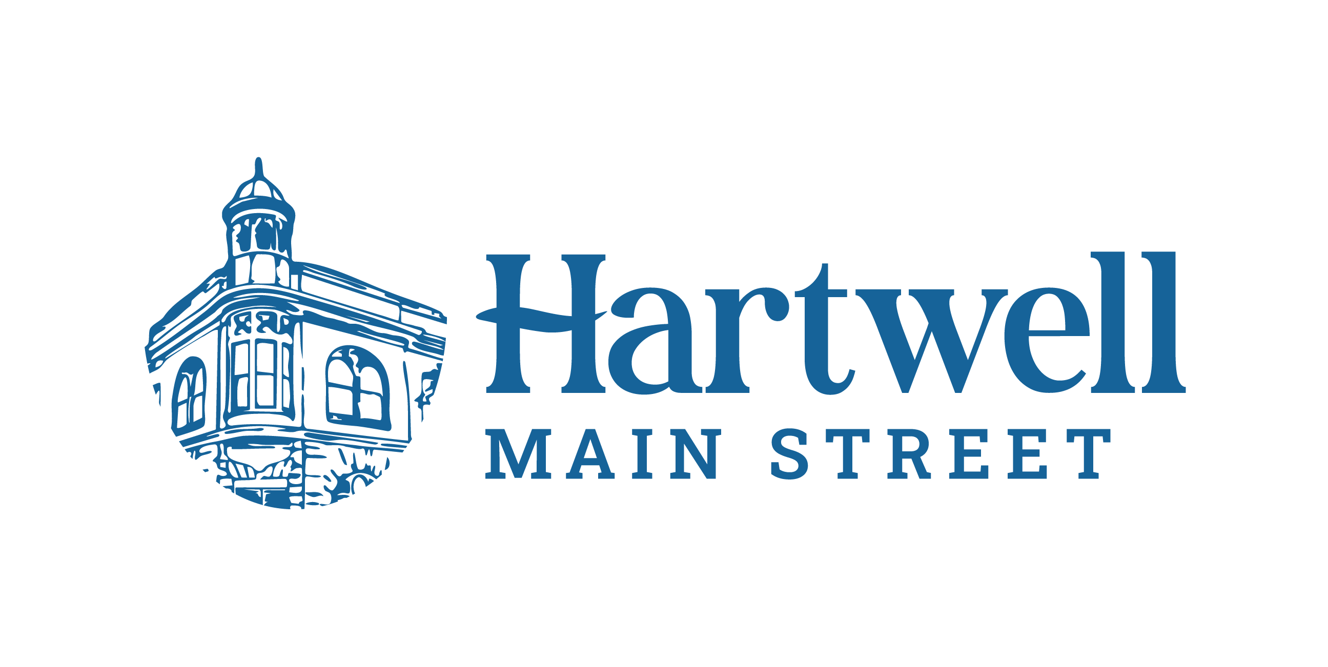 Blue outline of a building with a clock tower and the text 'Hartwell Main Street' on a black background.