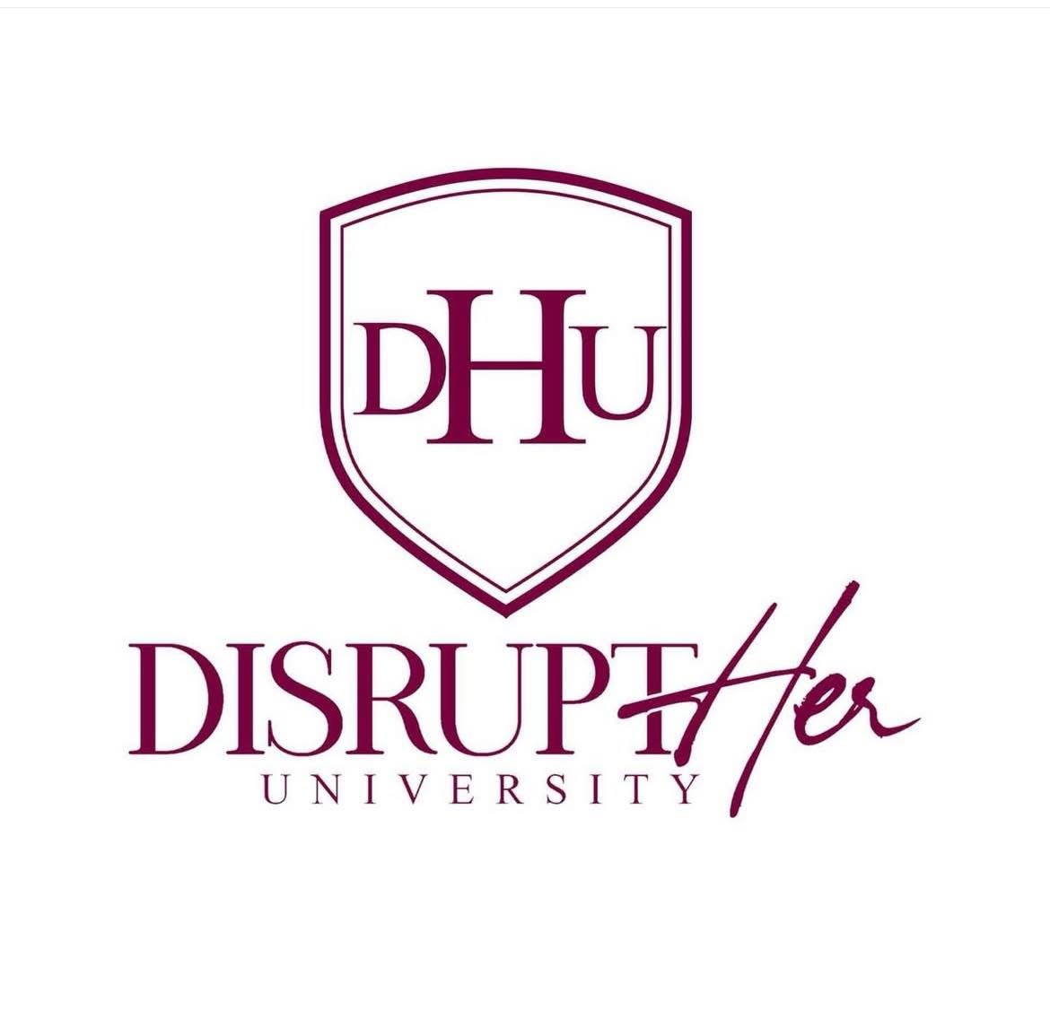 University logo with shield and text 'DHU DisruptHer University' in purple.