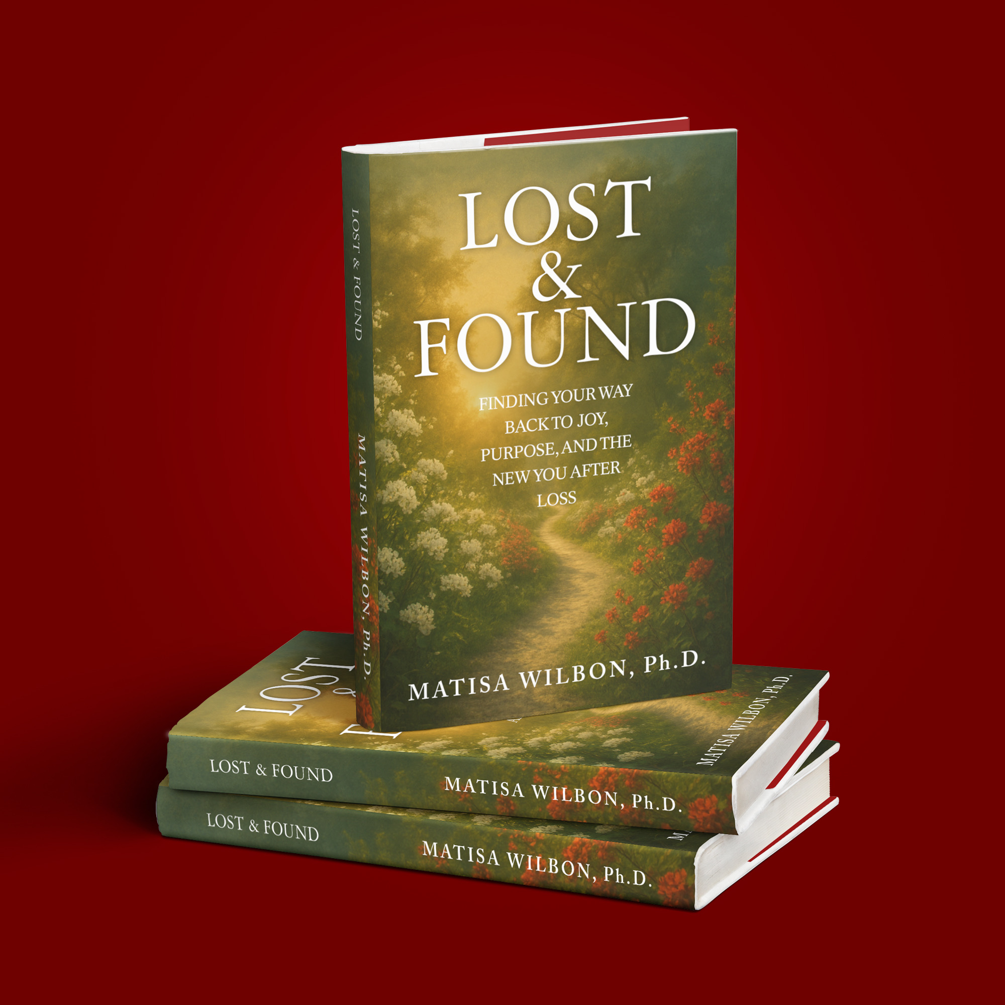 Three copies of a book titled 'Lost & Found' stacked, with a cover showing a path through trees and a red background.