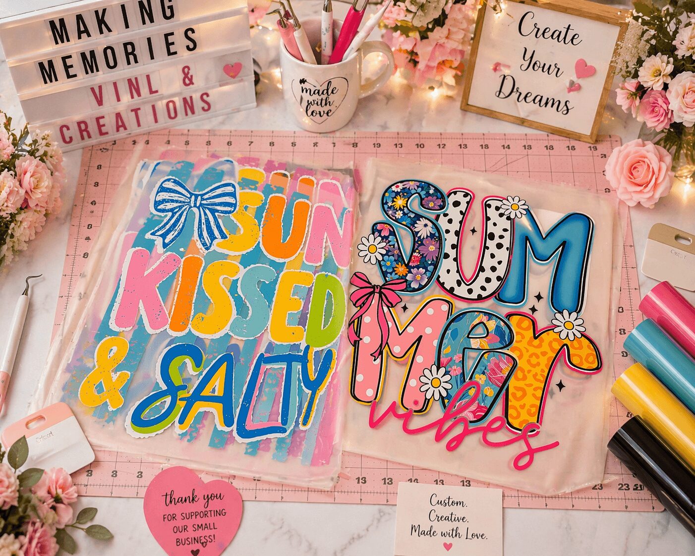 Colorful hand-lettered signs with words 'Sun Kissed & Salty' and 'Summer Vibes' on pink background with flowers.