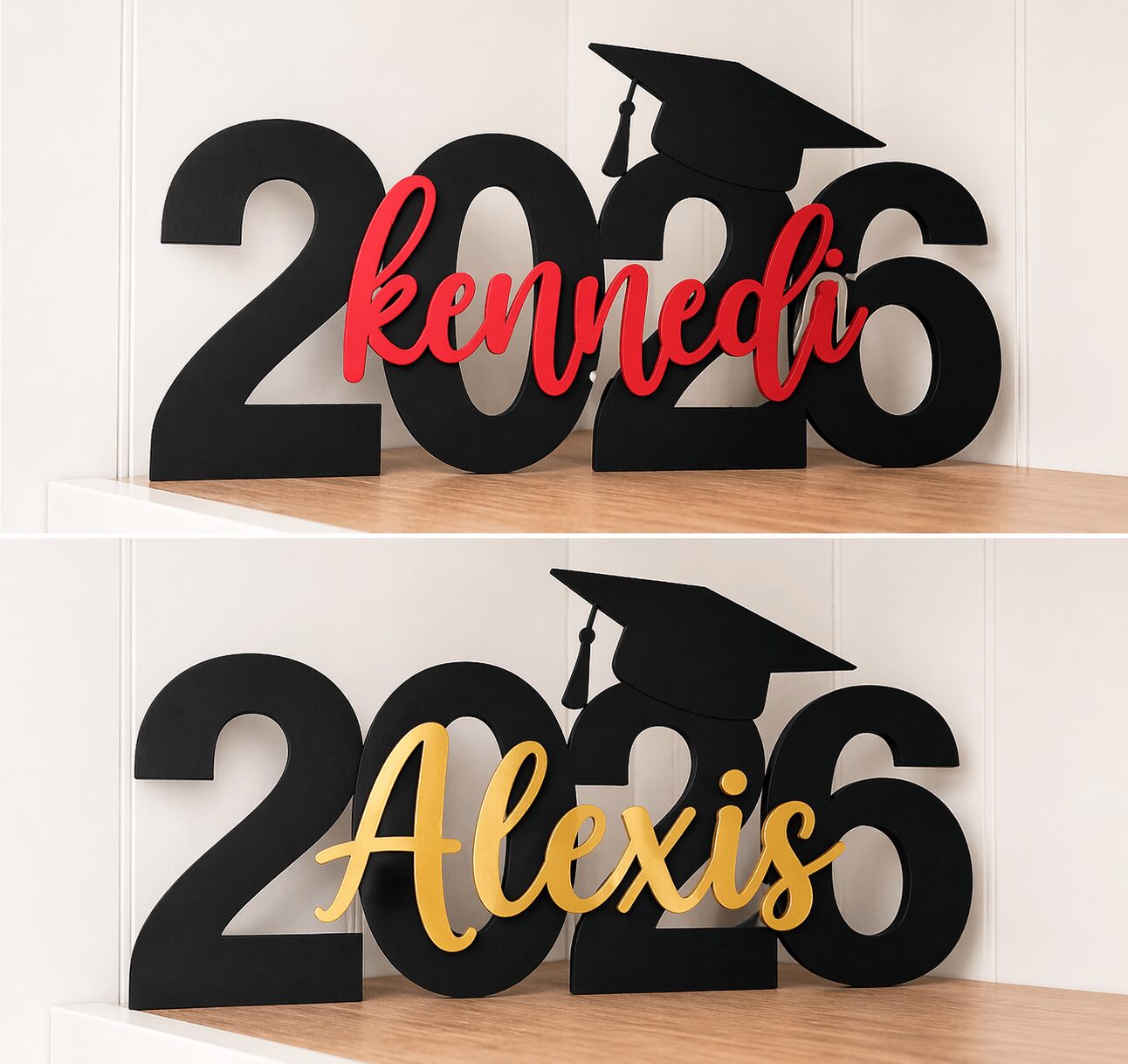 Decorative numbers 2023 with a graduation cap, personalized with red and yellow cursive names, on a white wall.