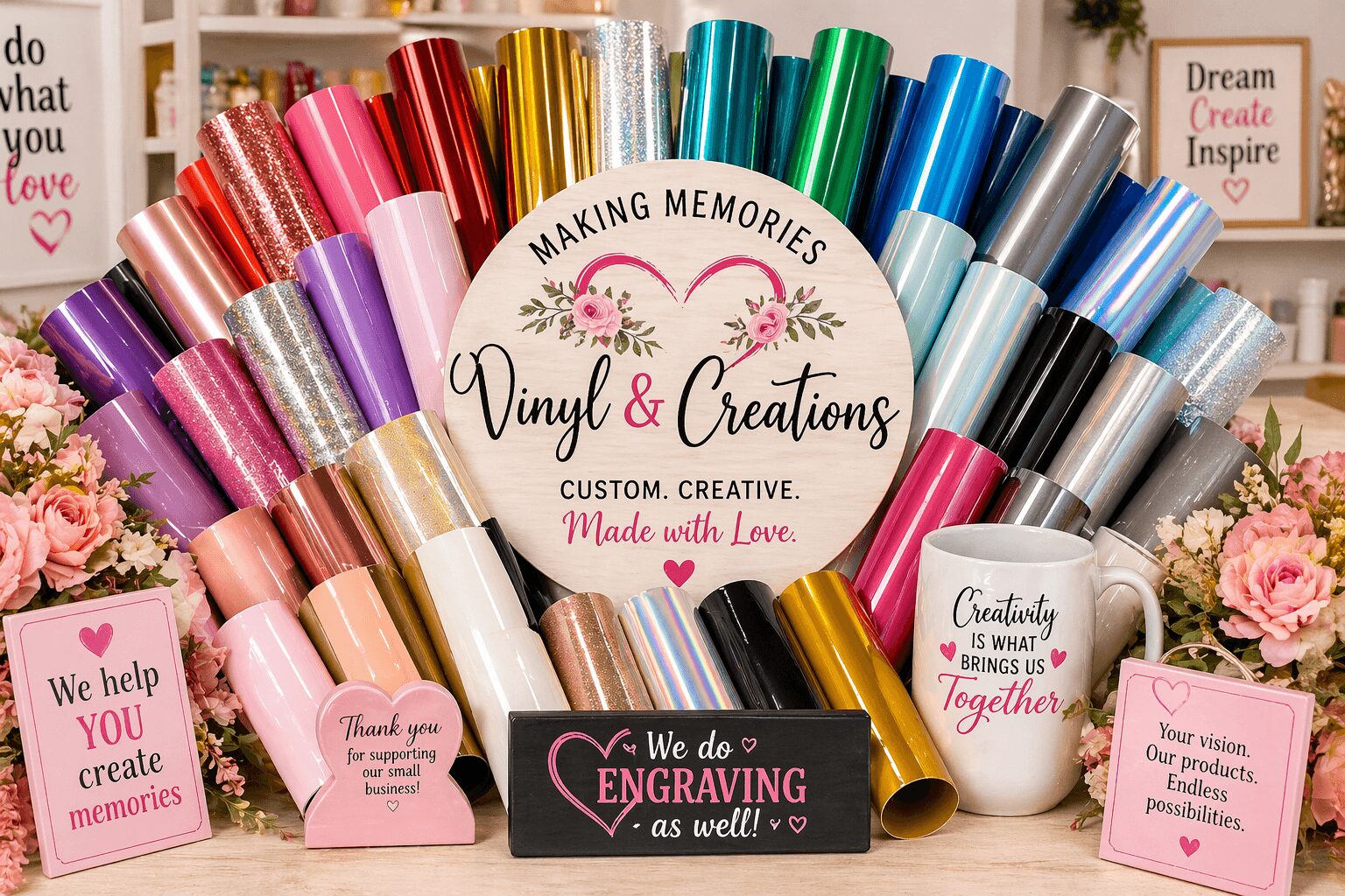 Colorful bottles of vinyl and creations arranged in a semi-circle around a circular sign with text, surrounded by pink flowers.