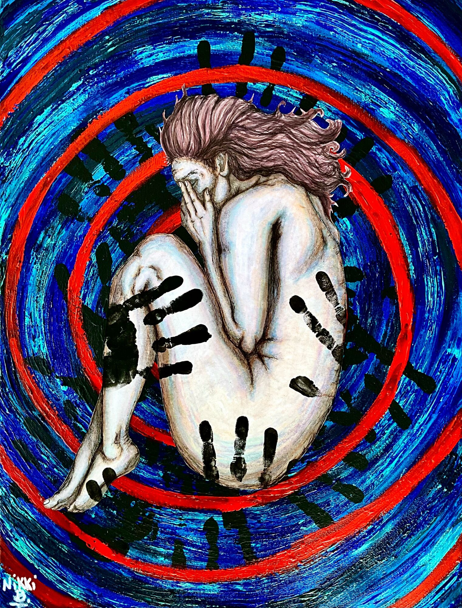 A nude person with long hair covers their face, surrounded by black handprints and red and blue swirling background.