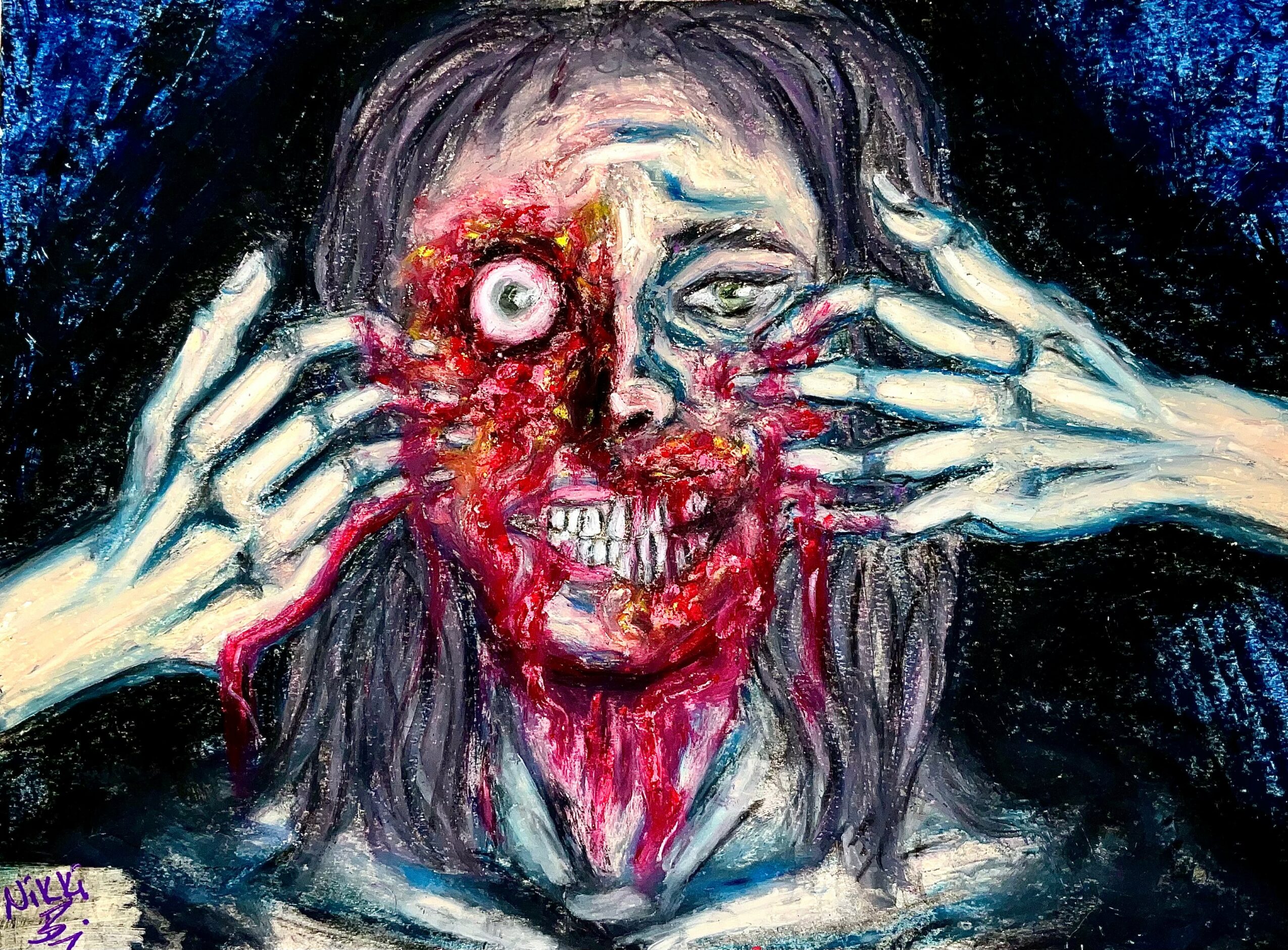 Person with distorted face, one eye wide open, hands pulling face, blood-like effects, dark background.