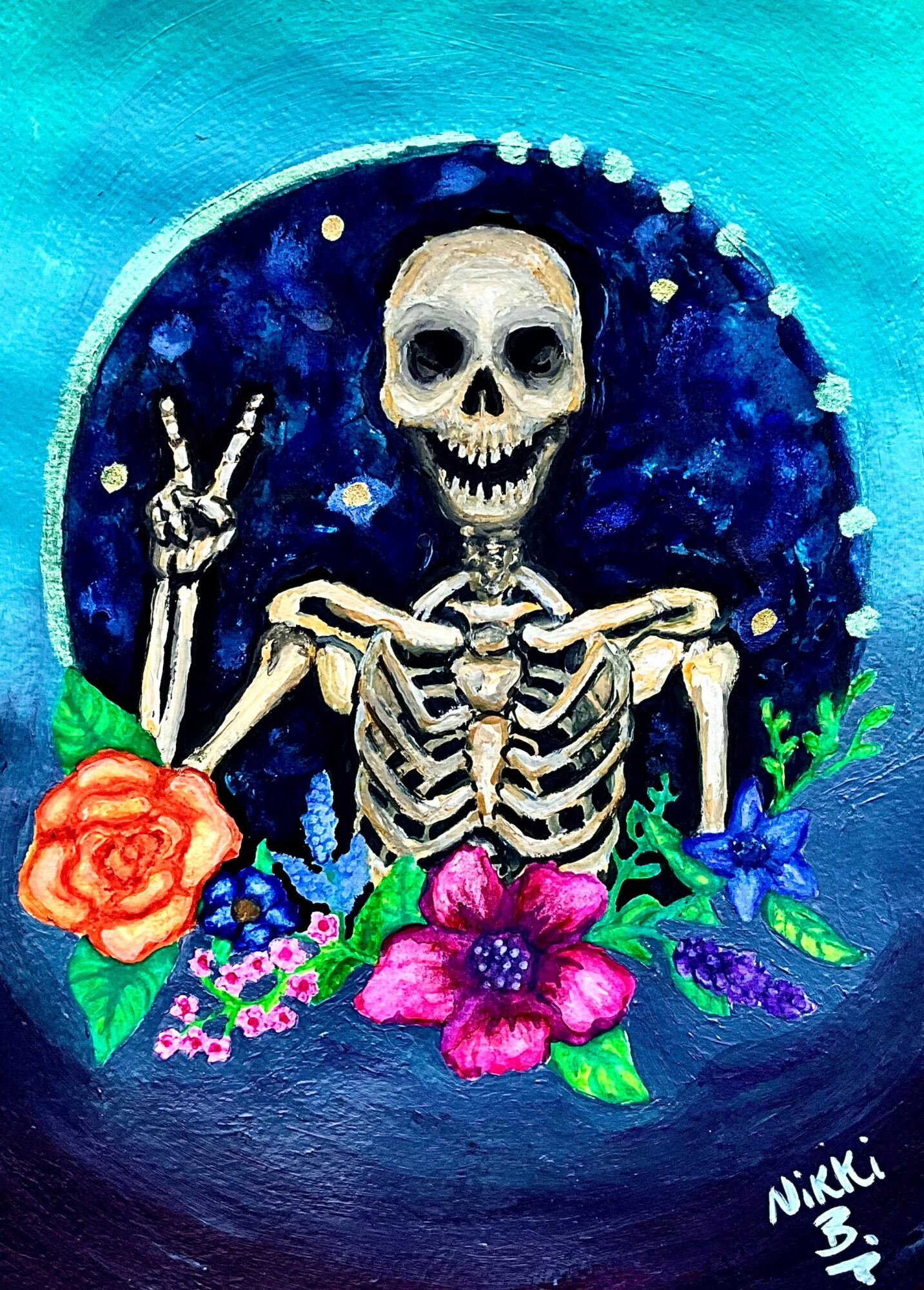 Skeleton with a peace sign surrounded by colorful flowers and a dark blue background.