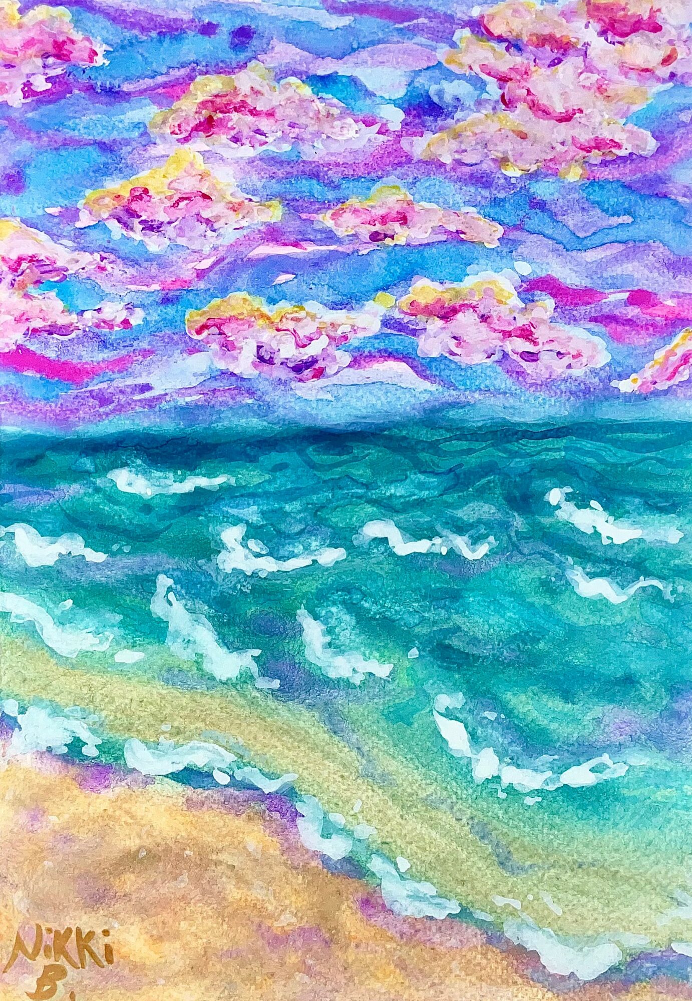 Colorful watercolor of a beach with sky, clouds, ocean, and sandy shore.