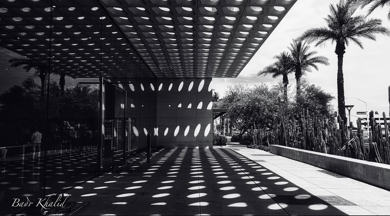 Outdoor area with patterned shadows from a perforated roof, palm trees, and a walkway, in black and white.