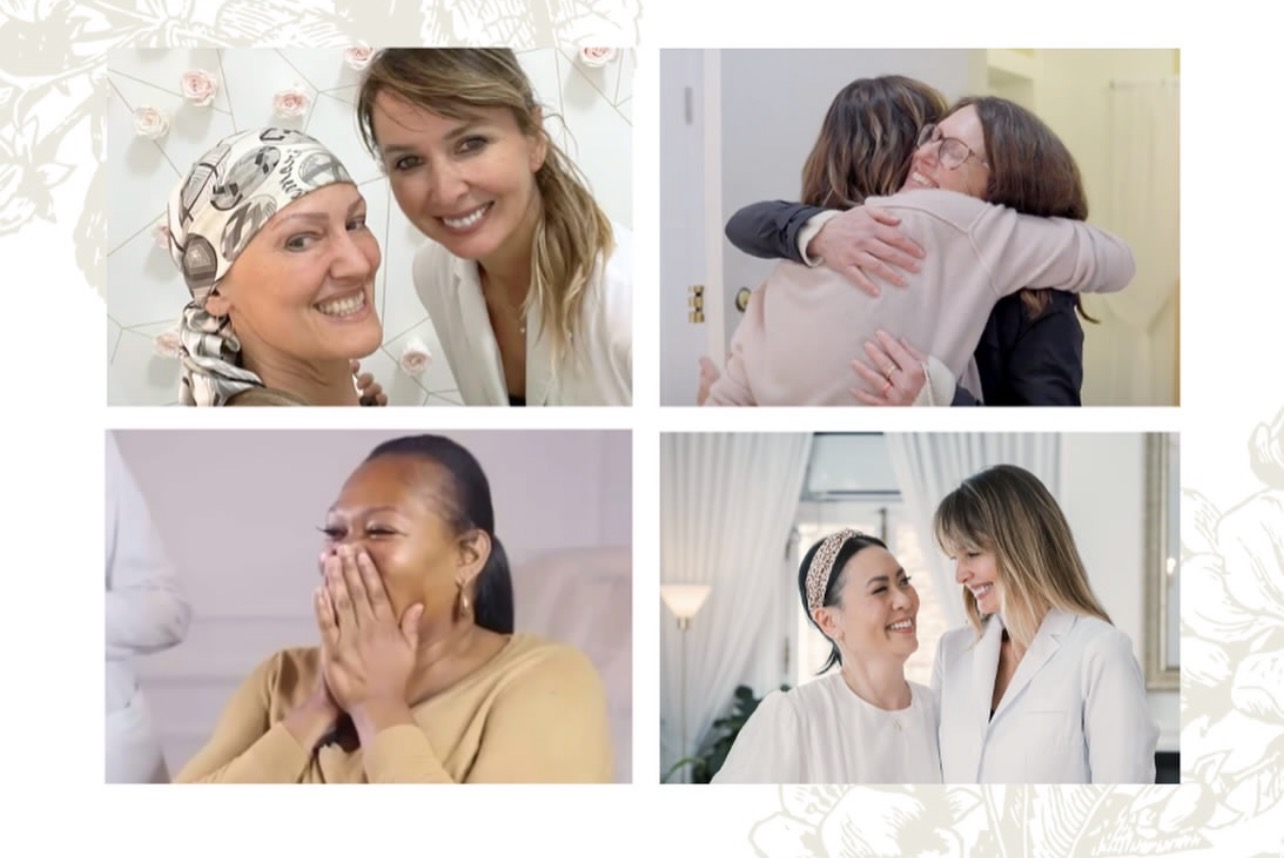 Four images of people hugging, smiling, and showing affection in various settings.