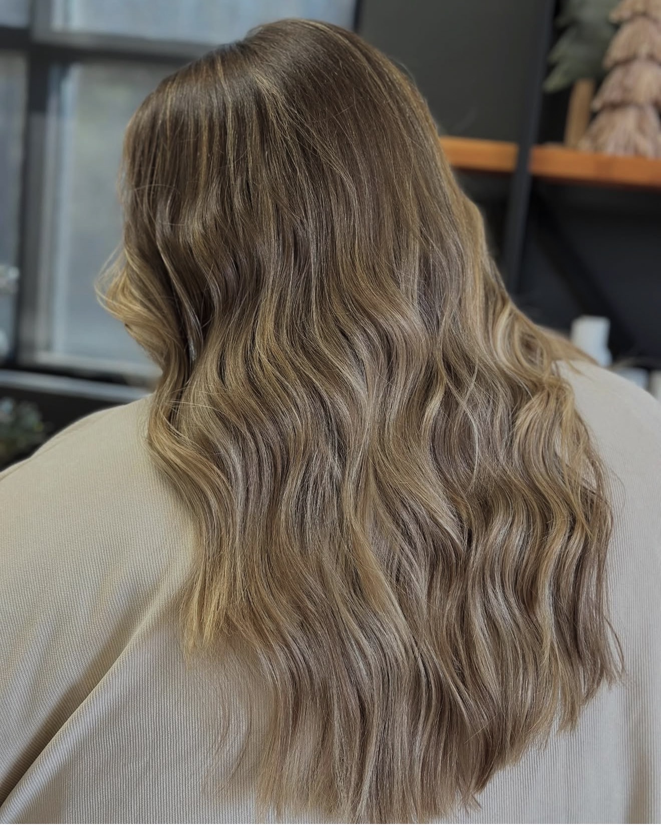 Back of a person with long, wavy, light brown hair with blonde highlights.