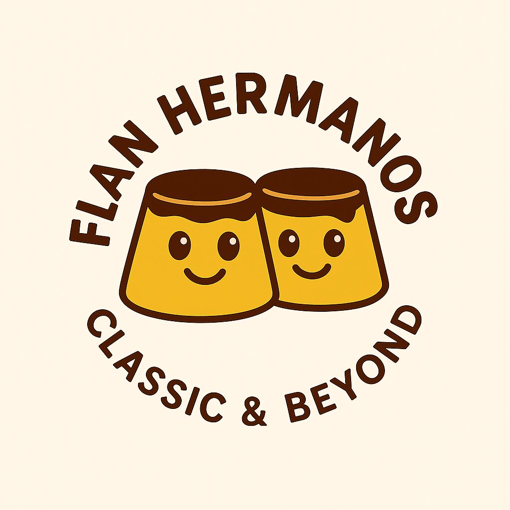 Logo with two flan desserts with smiling faces, surrounded by text, on a light background.
