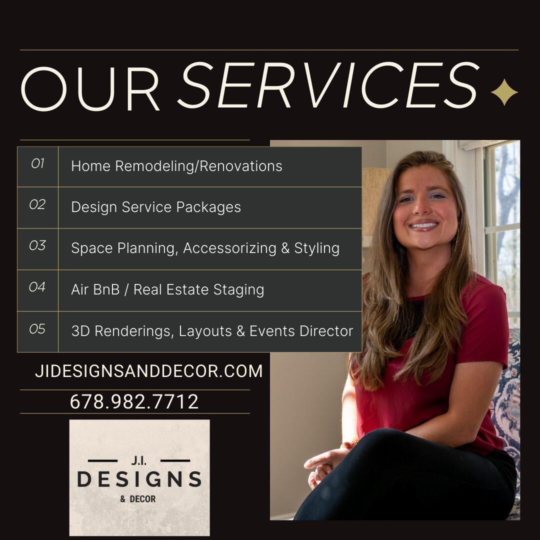 Woman smiling, sitting with a window behind her, on a flyer listing home remodeling, design, space planning, airbnb staging, and 3D rendering services.